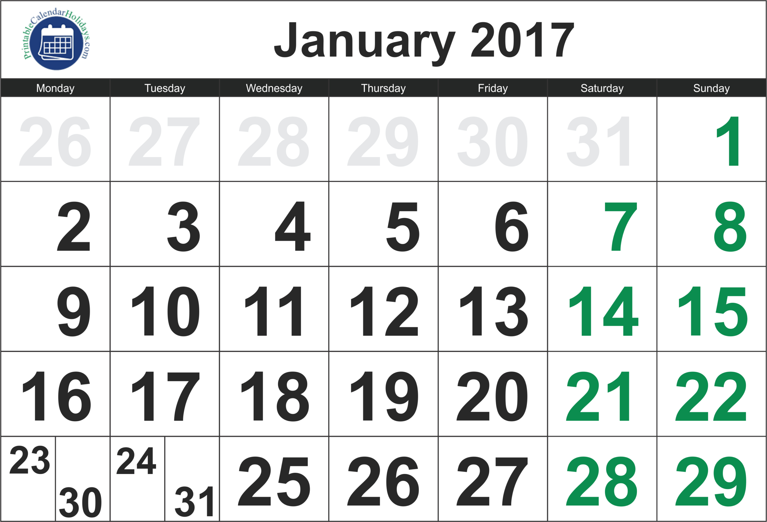 2017 January Calendar - Printable Calendar Template 2020 2021