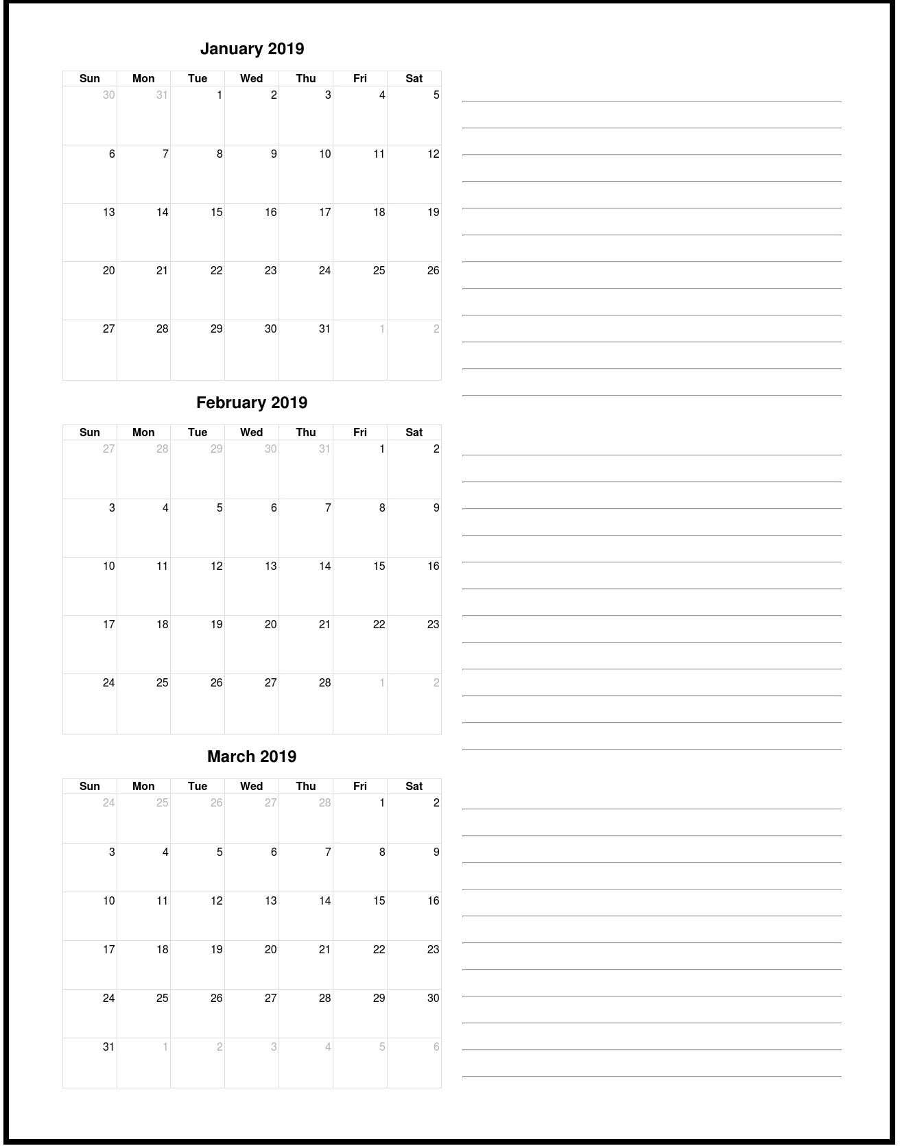 2019 1St Quarter Calendar Planner | Calendar Template