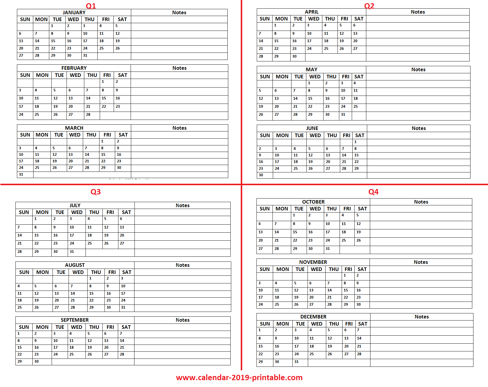 2019 Quarterly Calendar | Quarterly Calendar Calendar