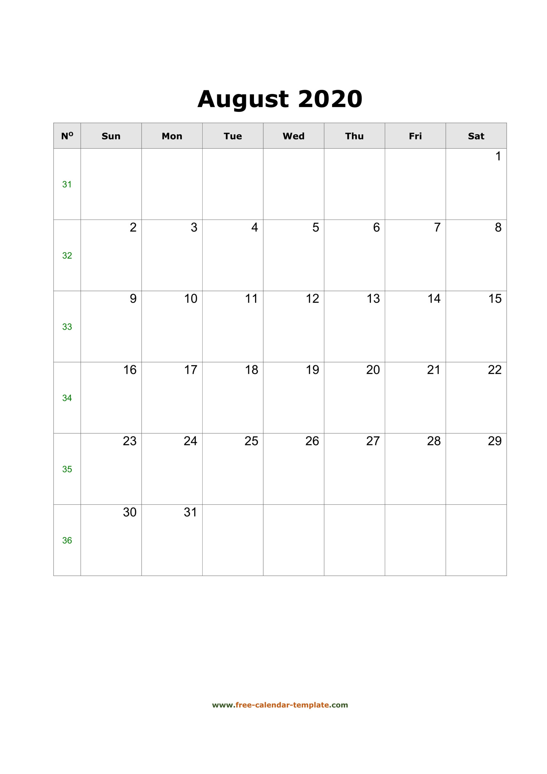 2020 August Calendar (Blank Vertical Template) | Free