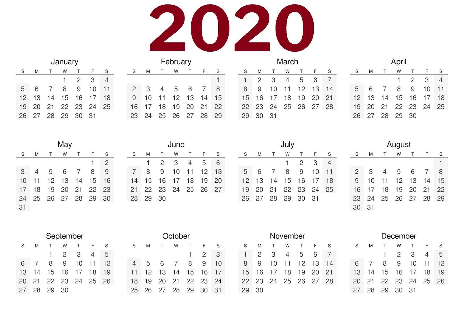 2020 One Page Landscape Calendar | Yearly Calendar Template