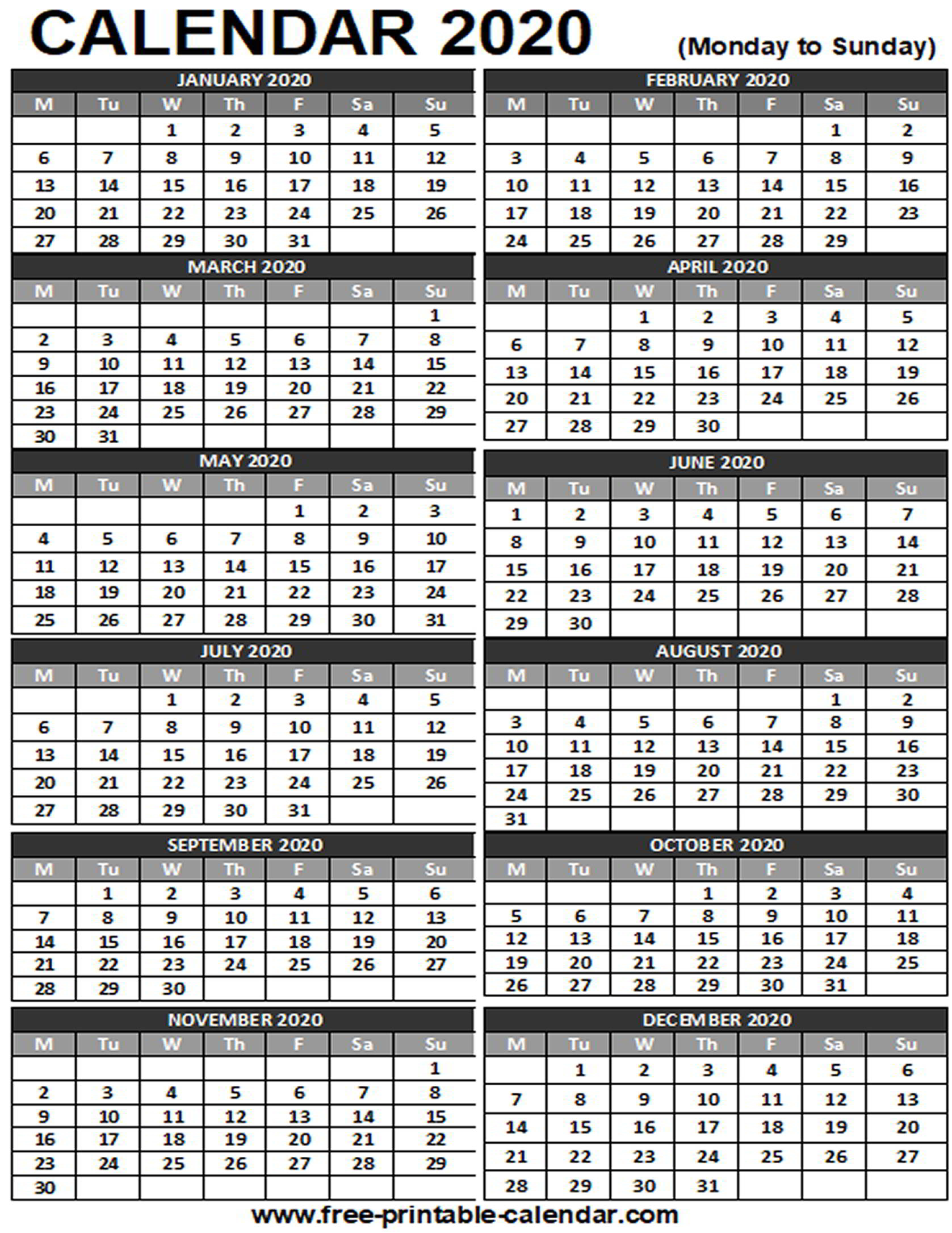 2020 Printable Calendar - Free-Printable-Calendar