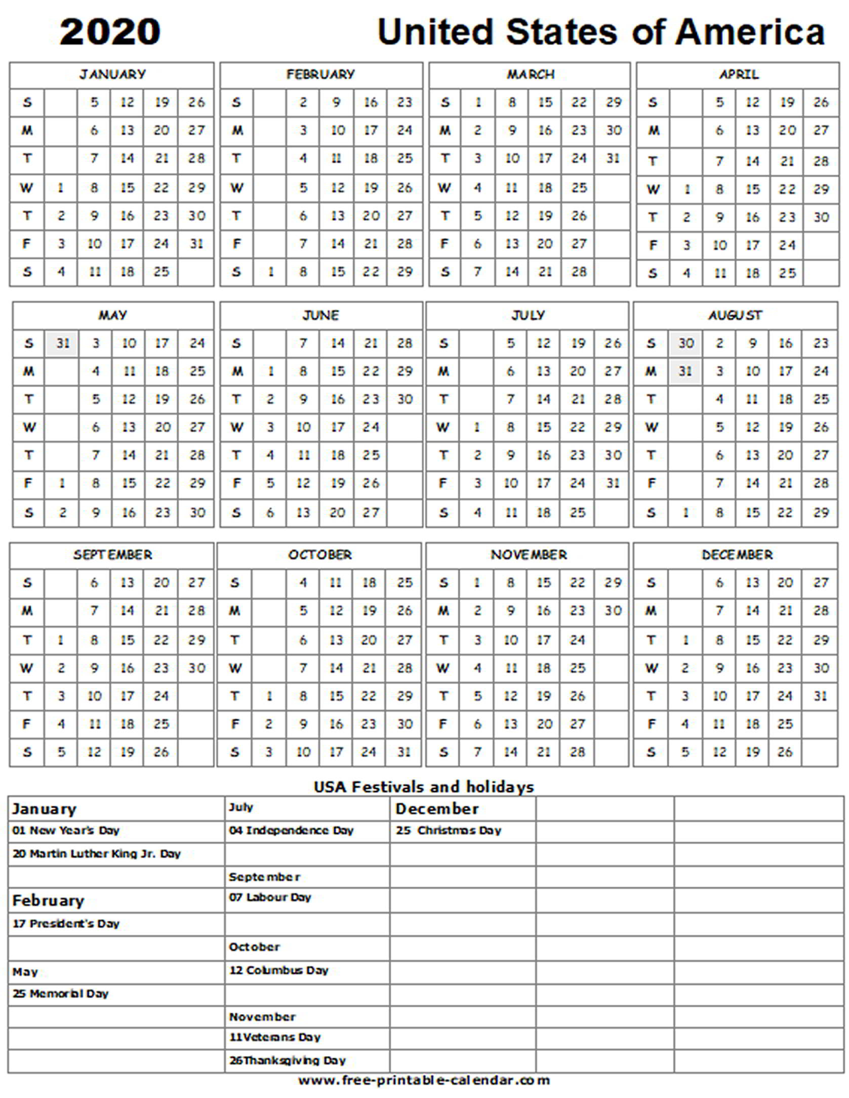 2020 Us Holiday Calendar - Free-Printable-Calendar