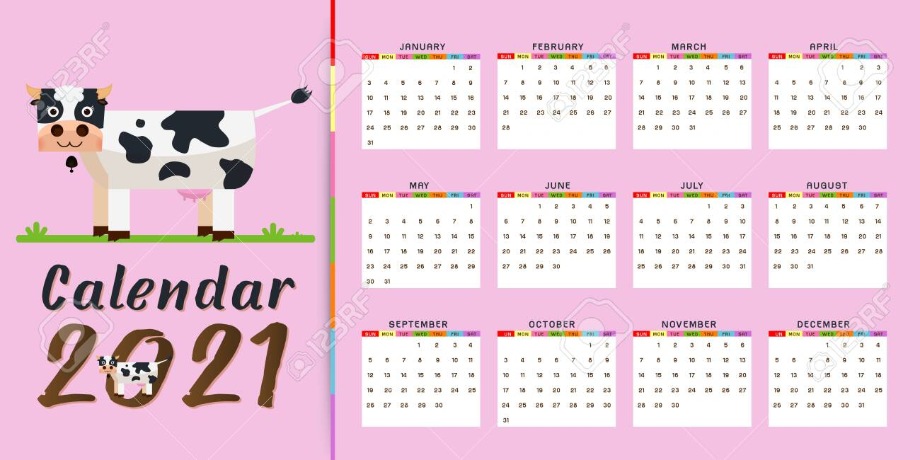 2021 Annual Calendar 12 Months Calendar Template With Kawaii..