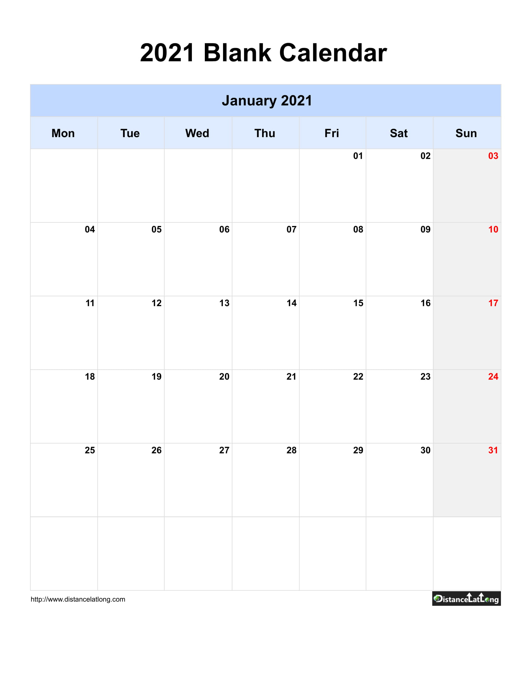 2021 Blank Calendar Blank Portrait Orientation Free