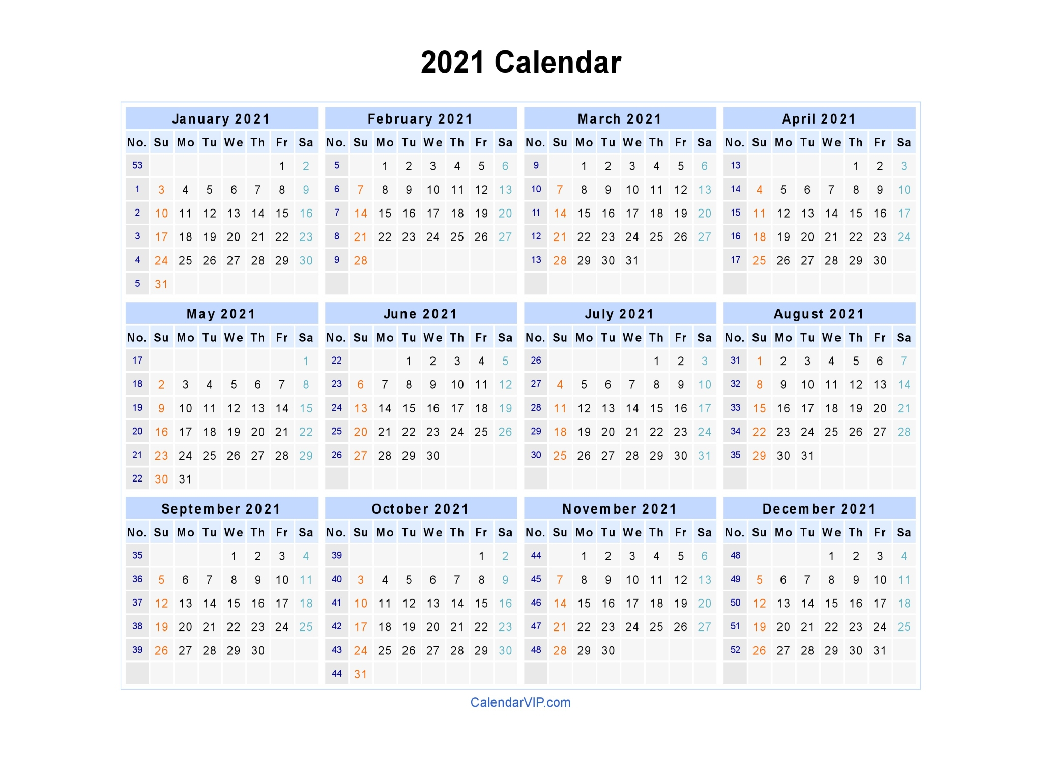 2021 Calendar - Blank Printable Calendar Template In Pdf