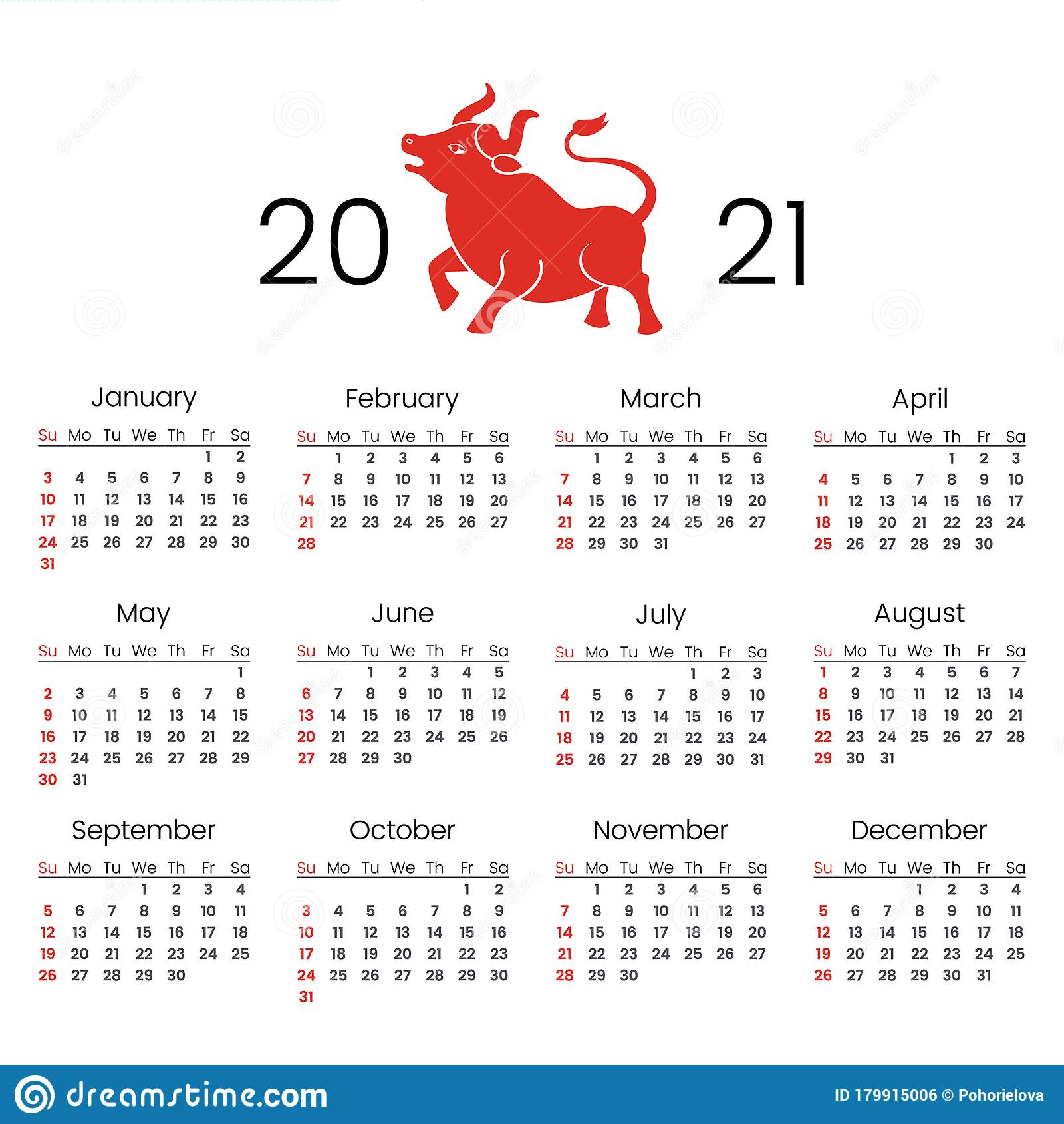 2021 Calendar For The New Year With The Image Of A Ox. Year