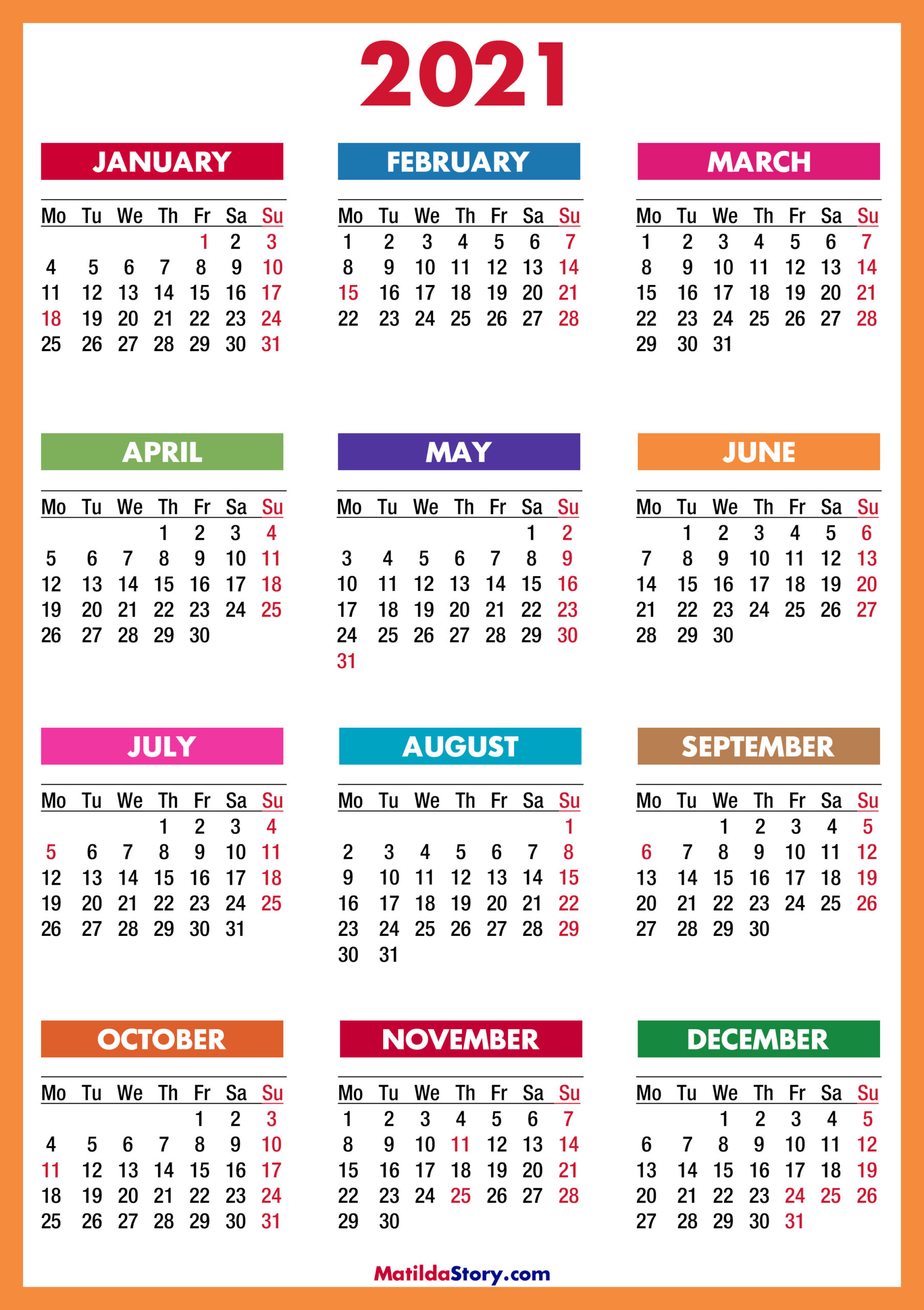 2021 Calendar Printable Free Colorful Red Orange – Monday