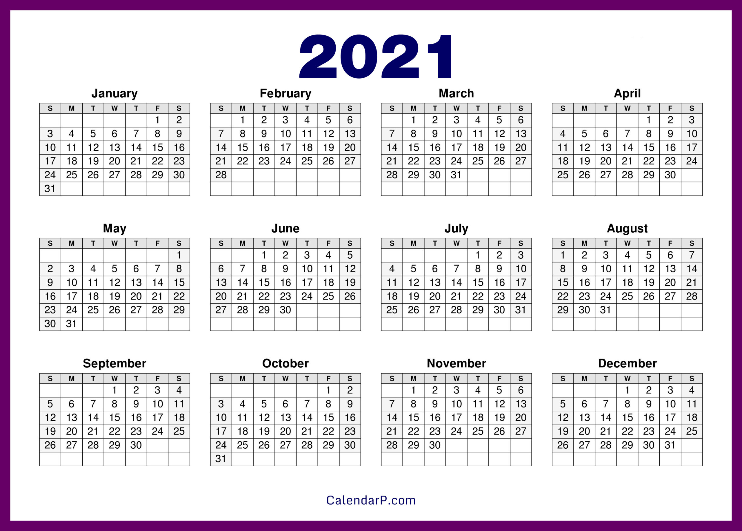 2021 Calendar Printable Free Hd – Purple – Calendarp