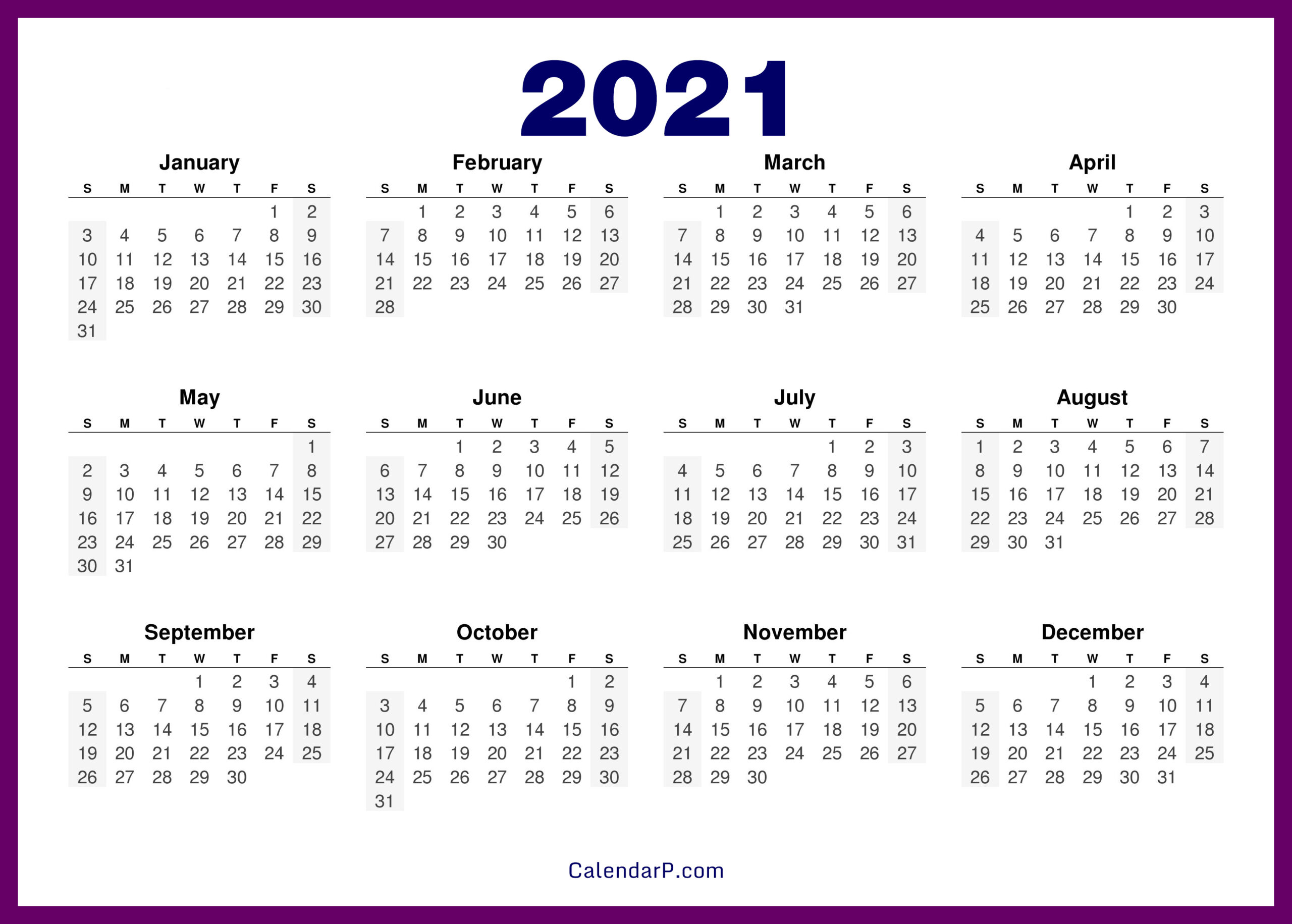 2021 Calendar Printable Free Hd – Purple – Calendarp
