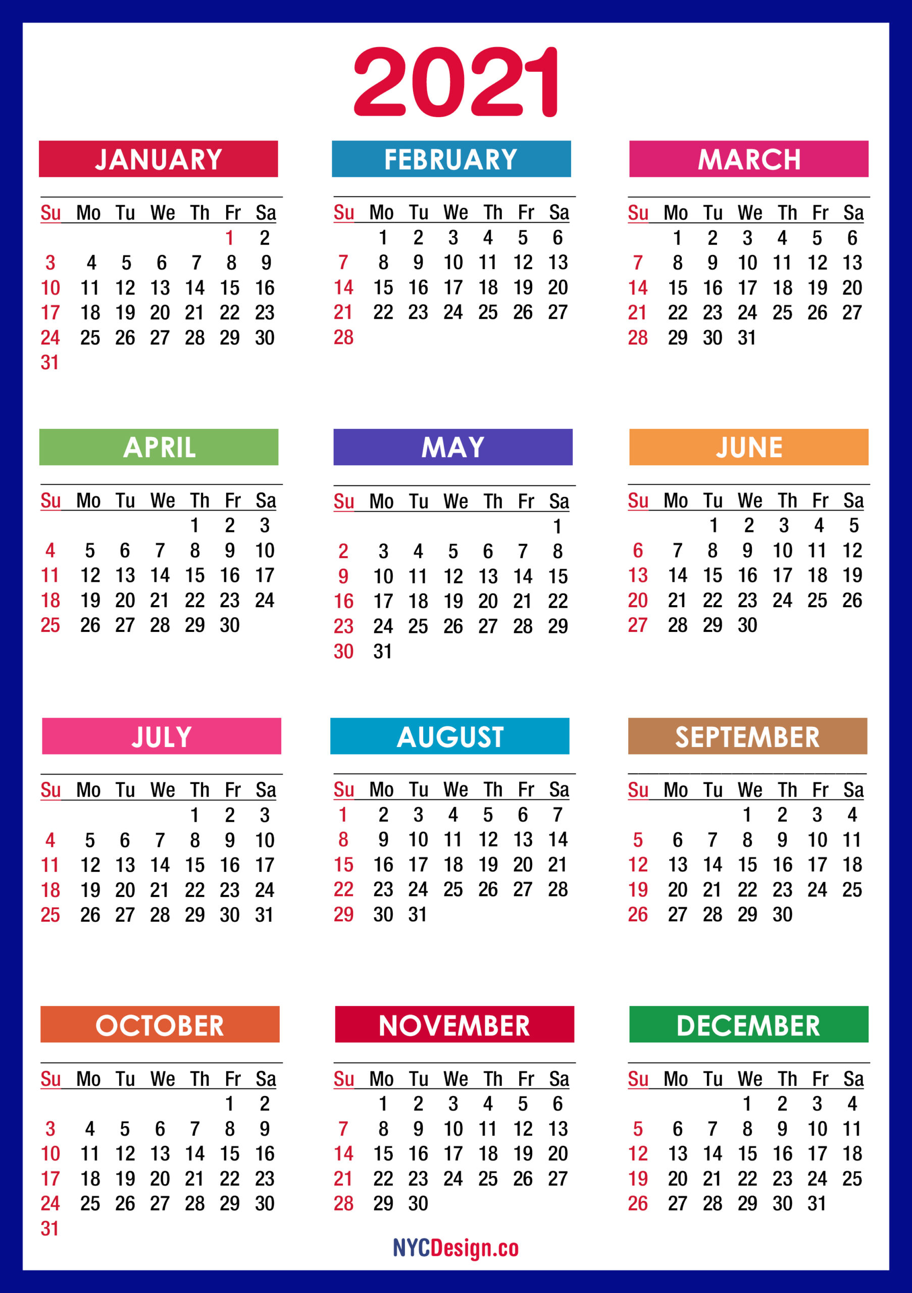 2021 Calendar Printable Free Pdf Colorful Blue Green