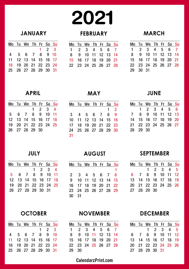 2021 Calendar Printable Free With Usa Holidays Red – Monday