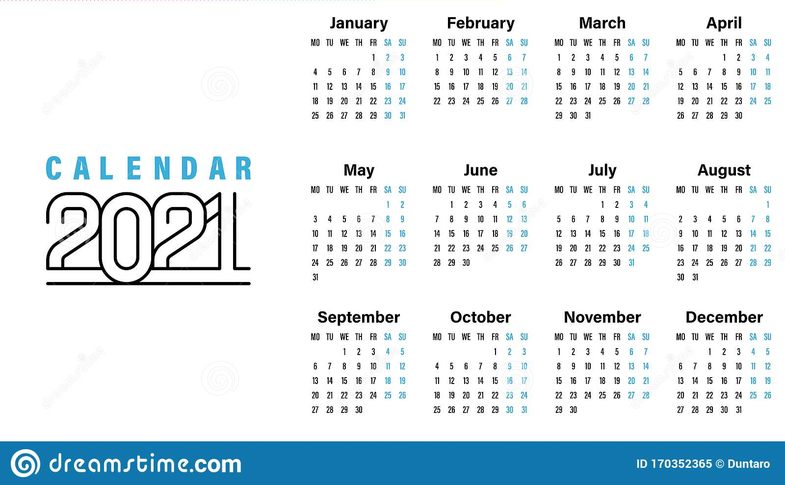 2021 Calendar Template Simple Design Stock Vector