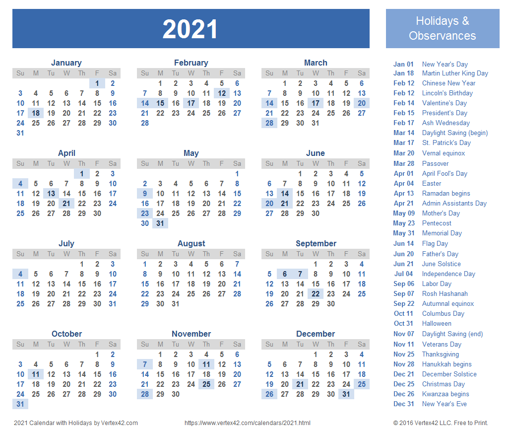 2021 Yearly Calendar With Holidays