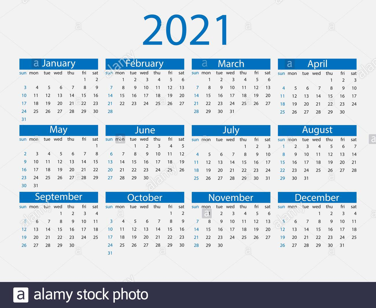 2021 Calendar Week Starts Sunday. Vector Illustration Flat