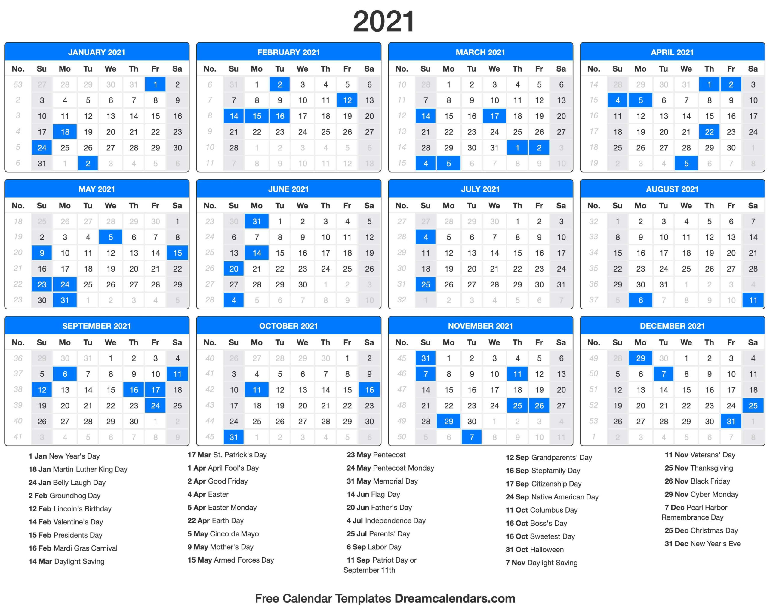 2021 Calendar With Holidays - Dream Calendars In 2020