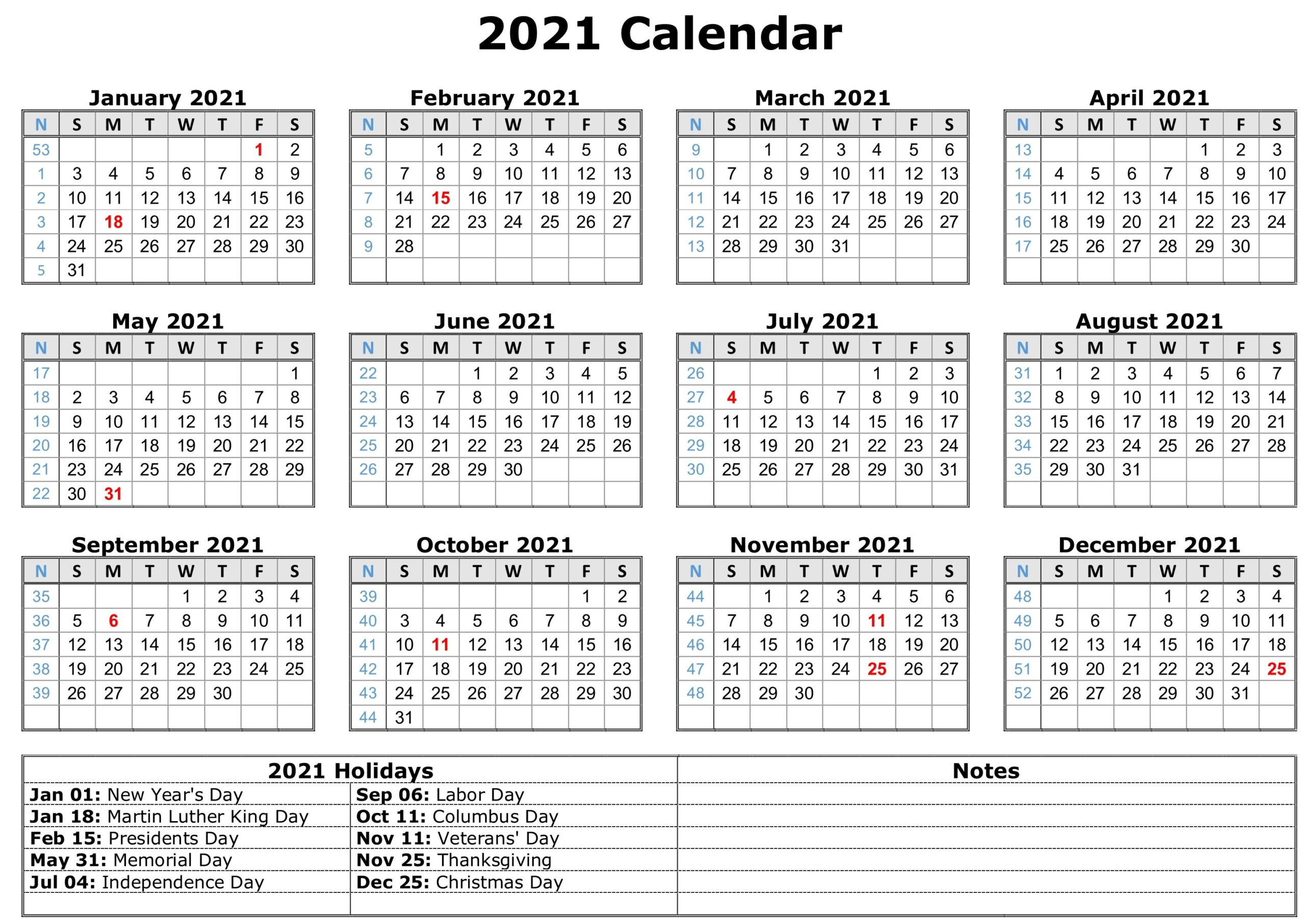 Free 2021 Printable Calendar With Holidays