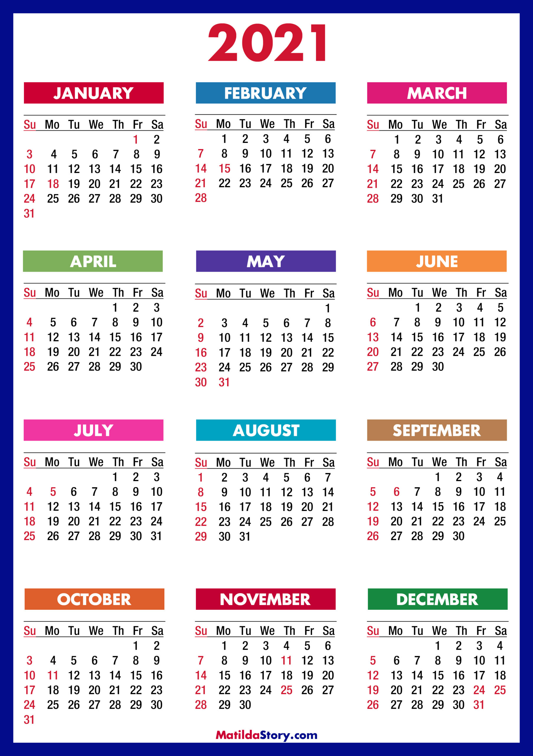 2021 Calendar With Holidays Printable Free Colorful Blue