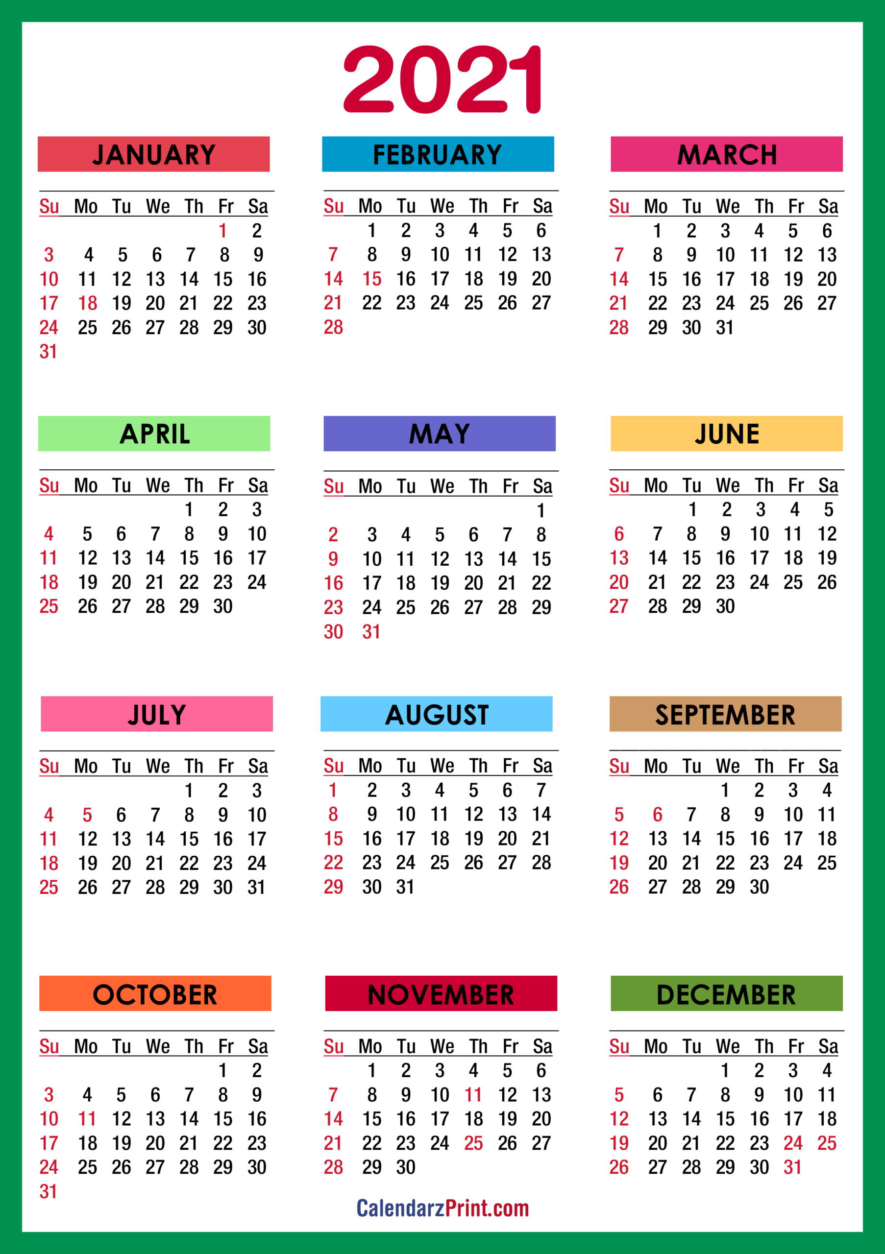 2021 Calendar With Holidays Printable Free Colorful Blue