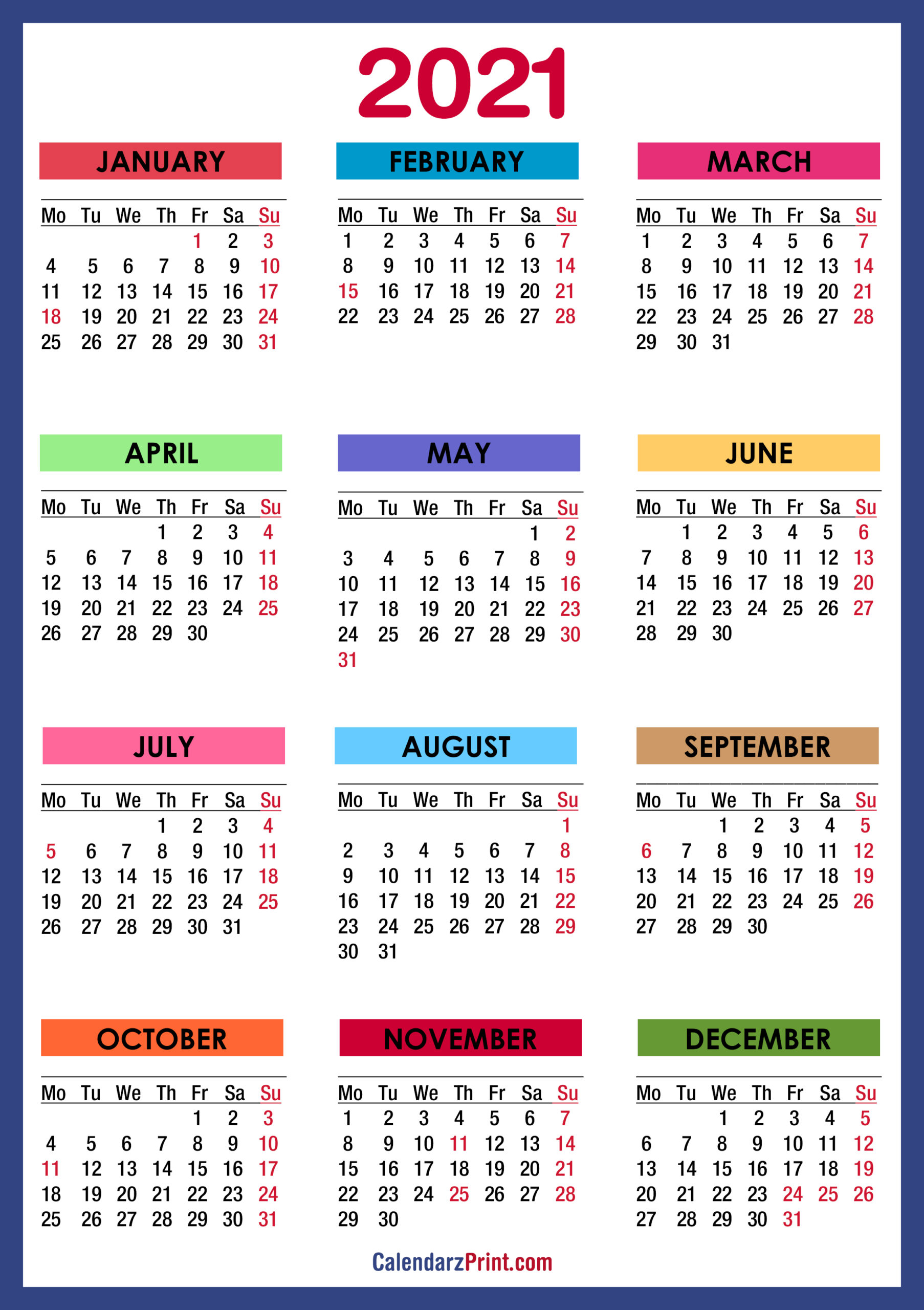2021 Calendar With Holidays Printable Free Colorful Blue