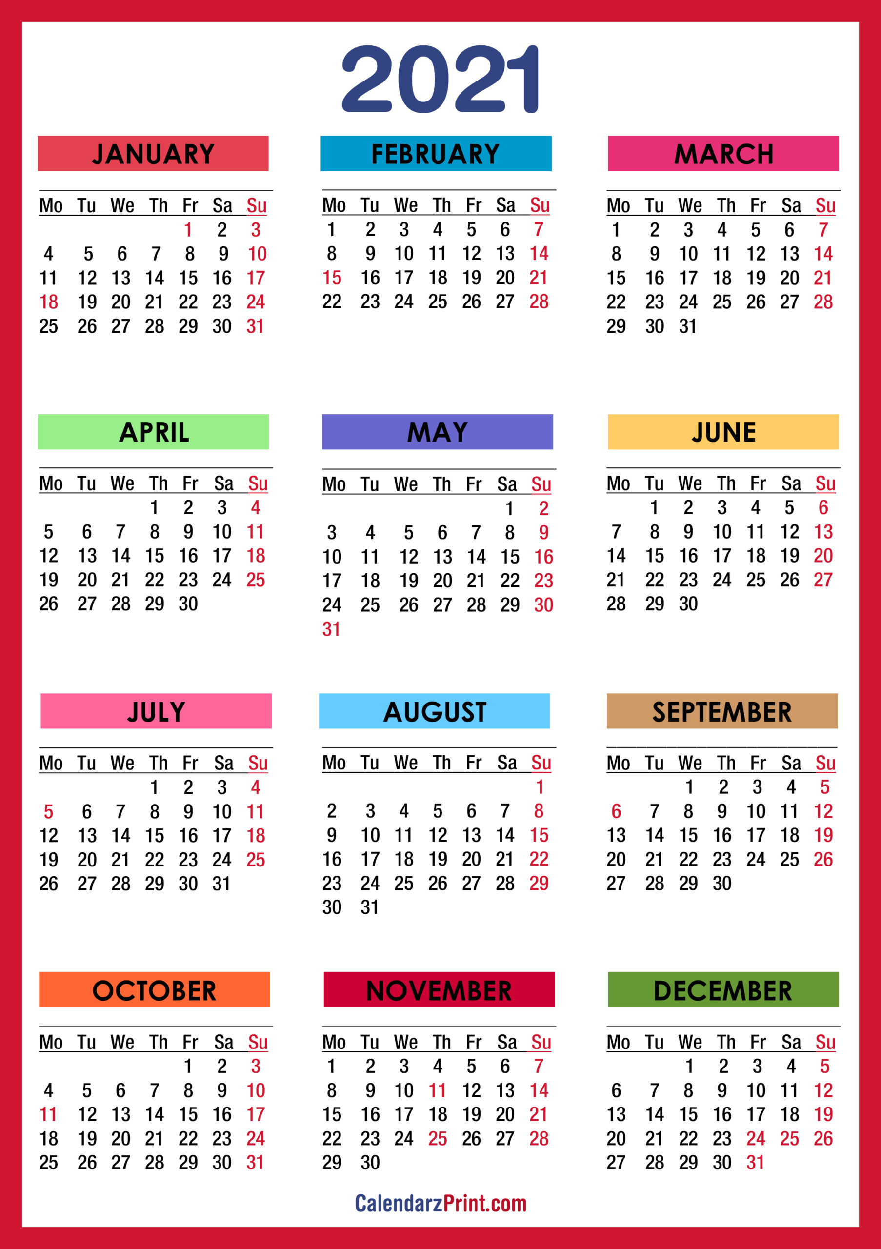 2021 Calendar With Holidays Printable Free Colorful Red