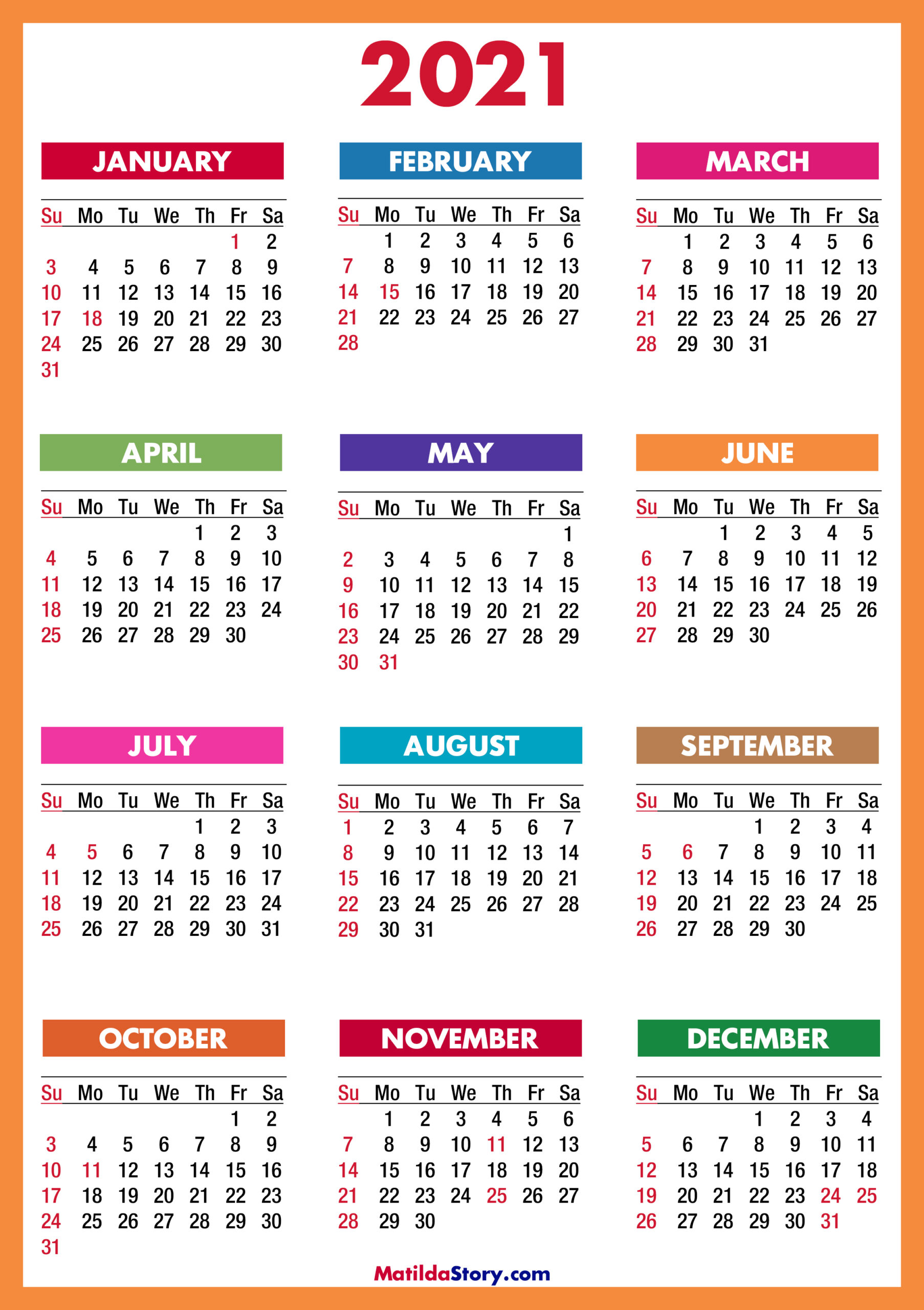 2021 Calendar With Holidays Printable Free Colorful Red