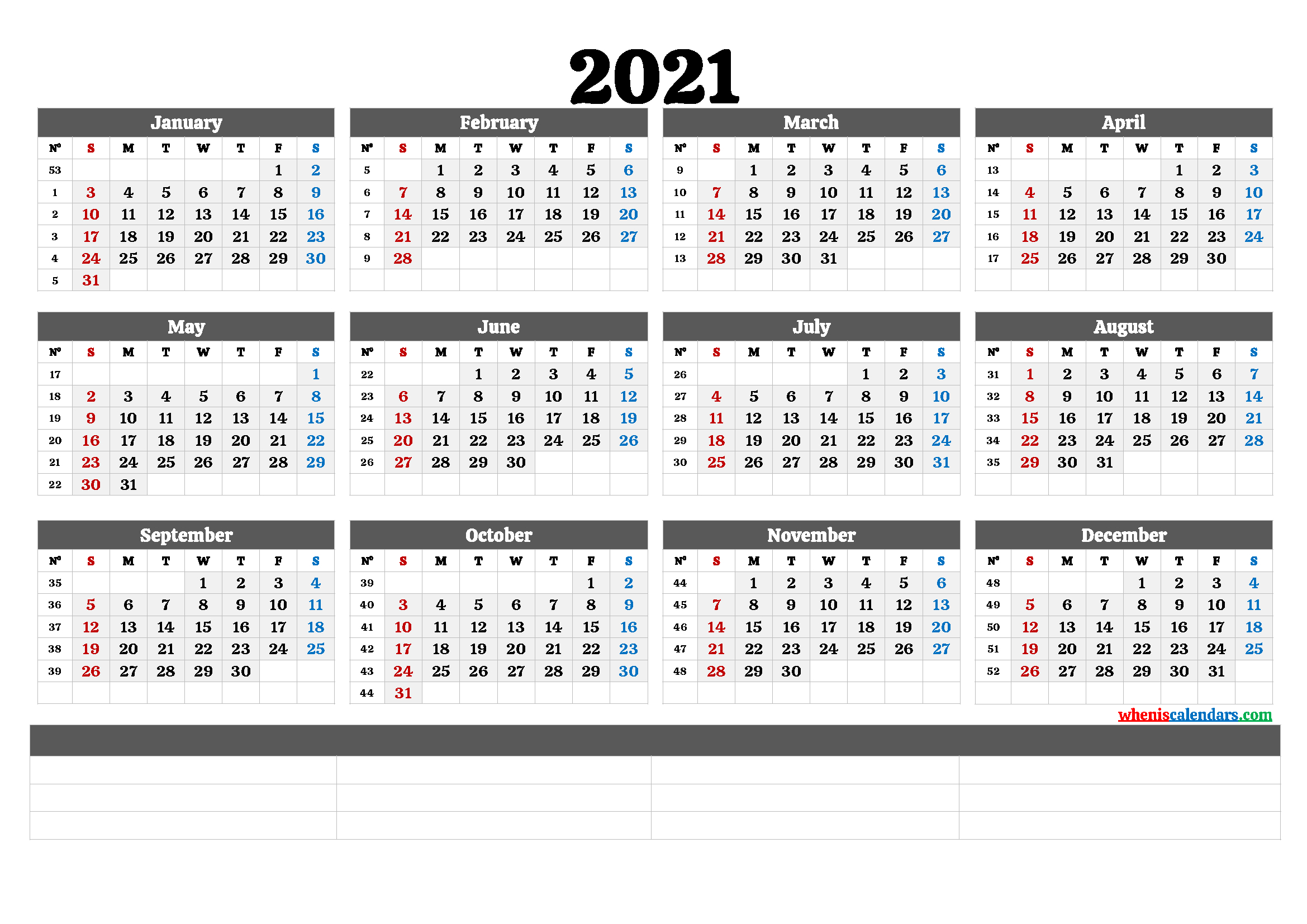 2021 Free Printable Yearly Calendar – Calendraex