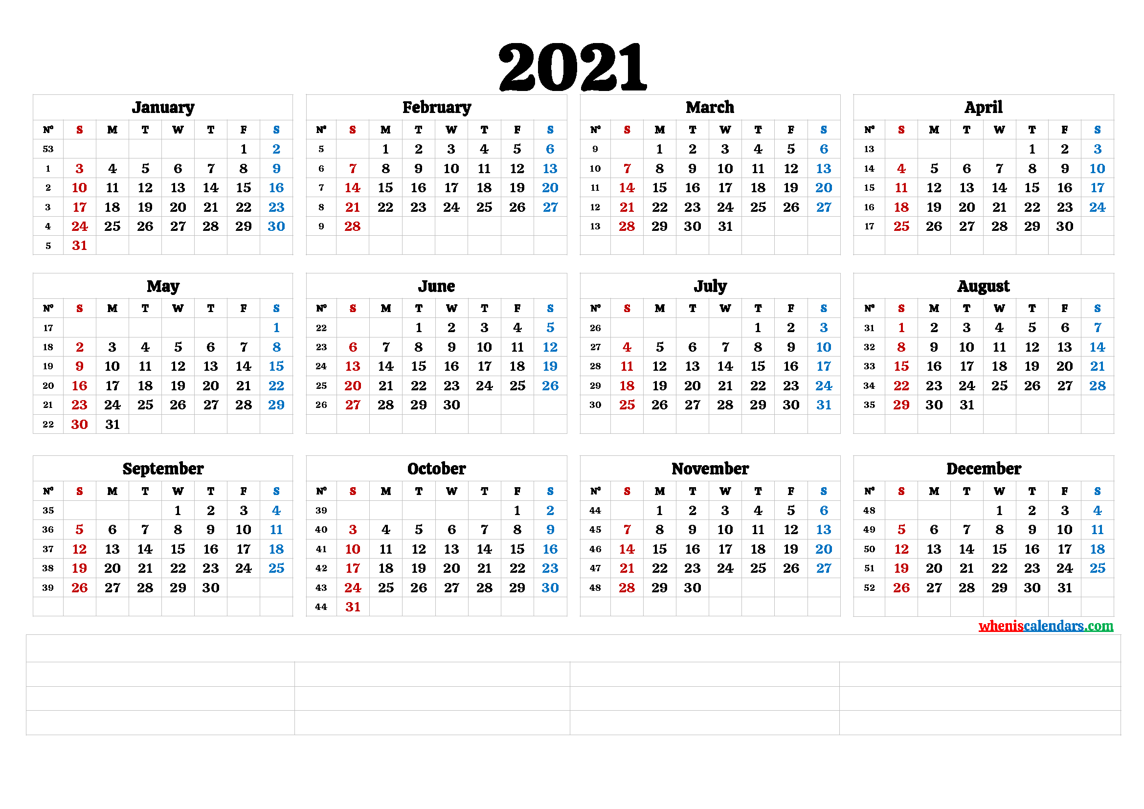 2021 Free Printable Yearly Calendar With Week Numbers