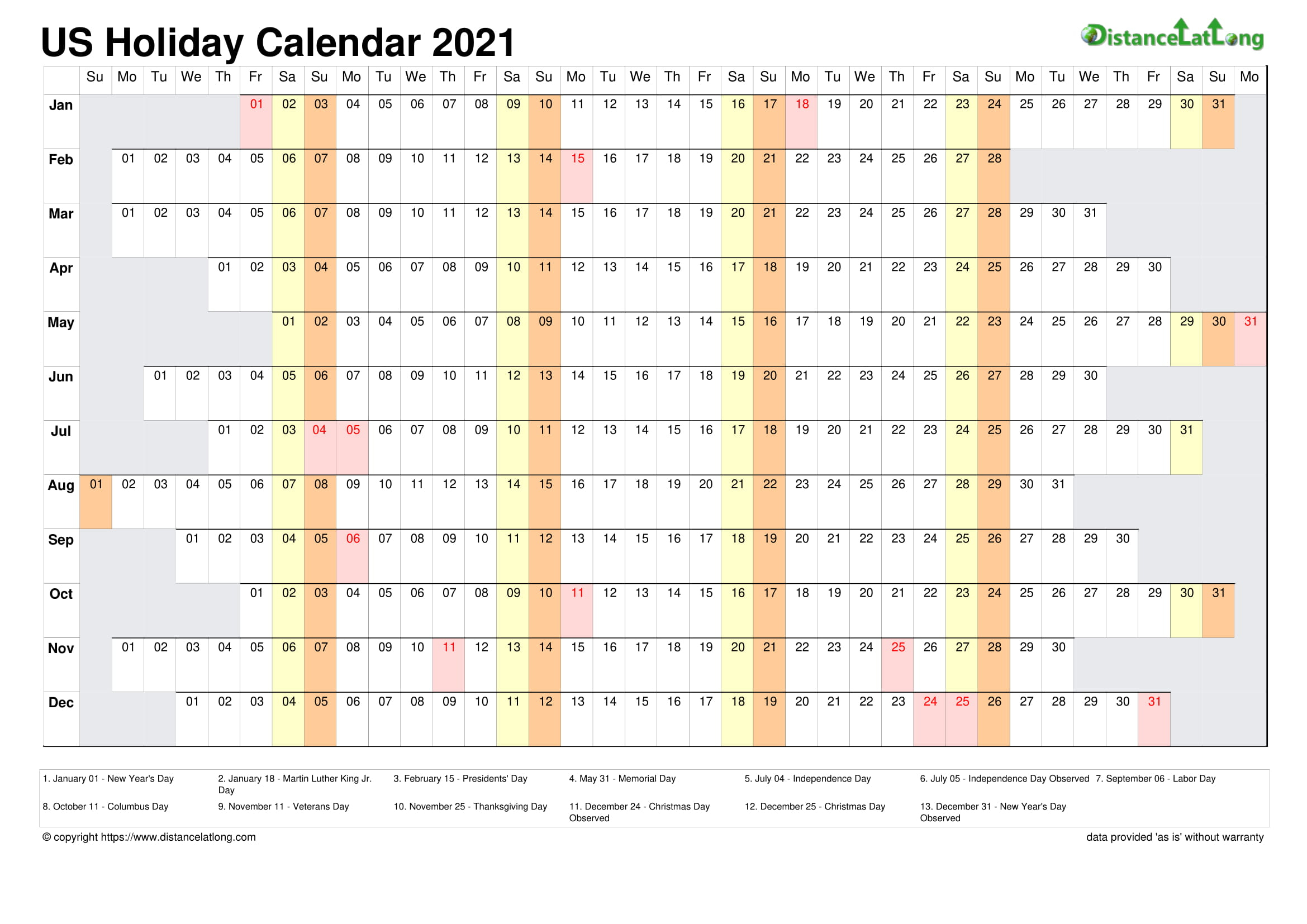 2021 Holiday Calendar Landscape Orientation Free Printable