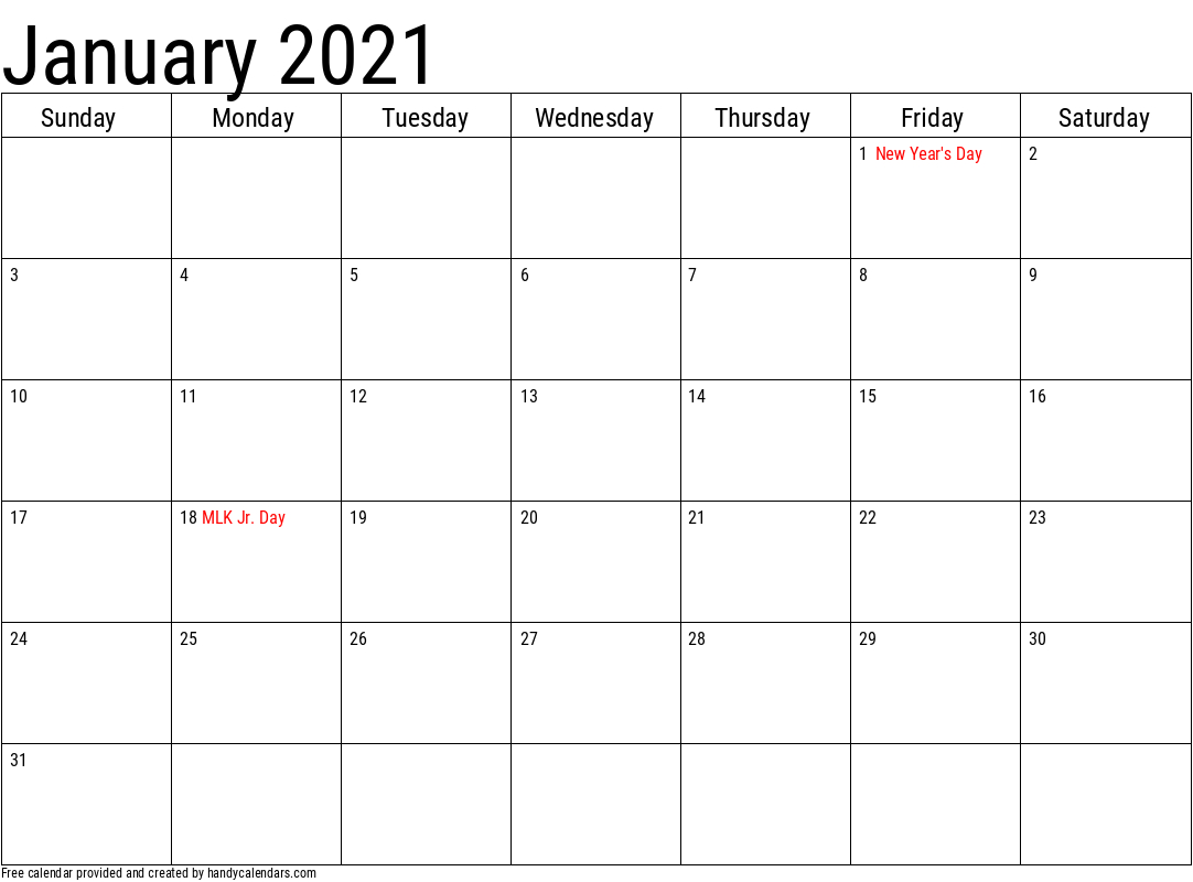 2021 January Calendars - Handy Calendars