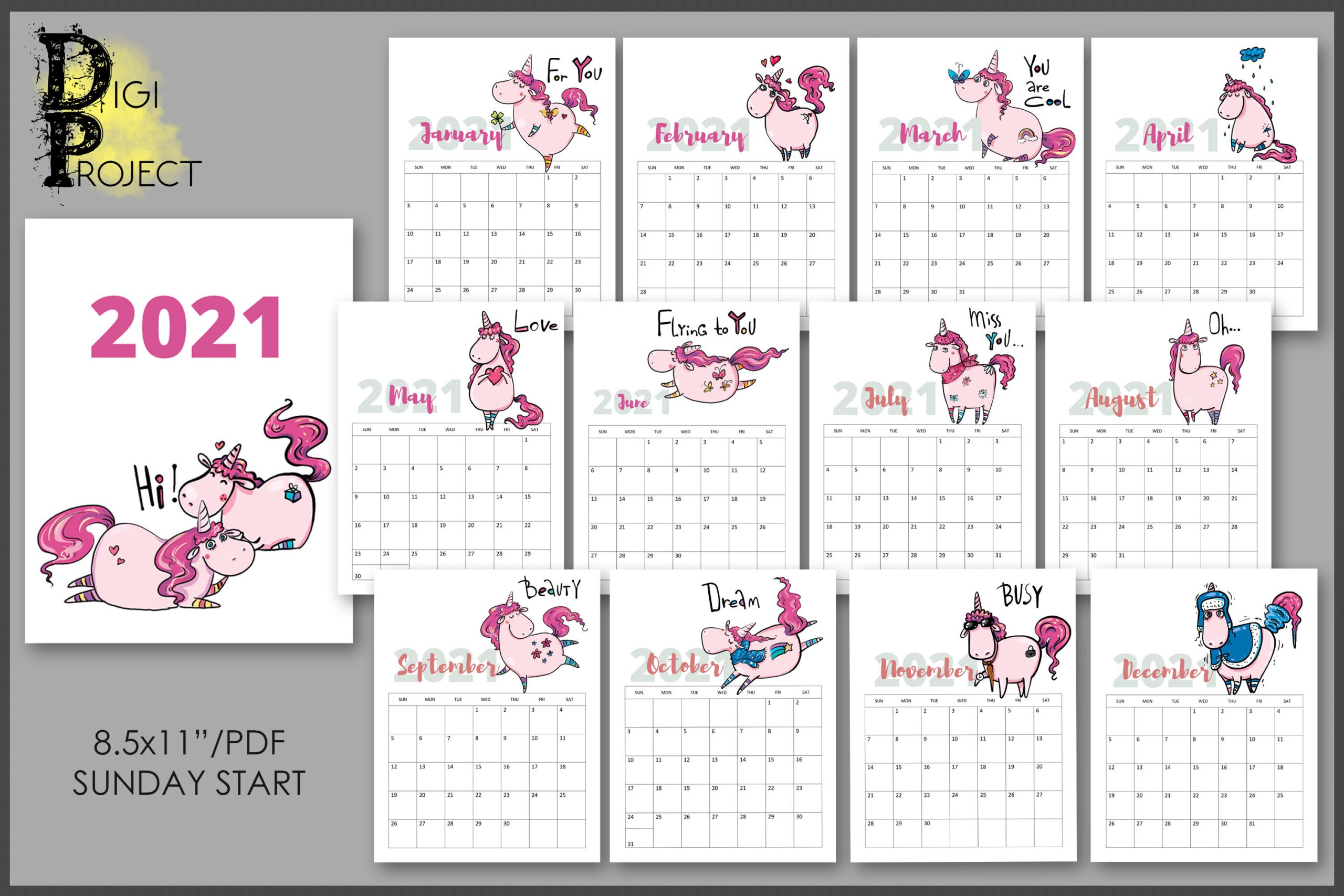 2021 Pink Unicorn Wall Calendar Printable Watercolor