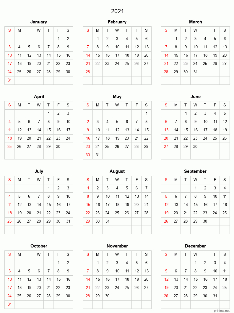 2021 Printable Calendar - Full-Year Calendar (Grid Style)