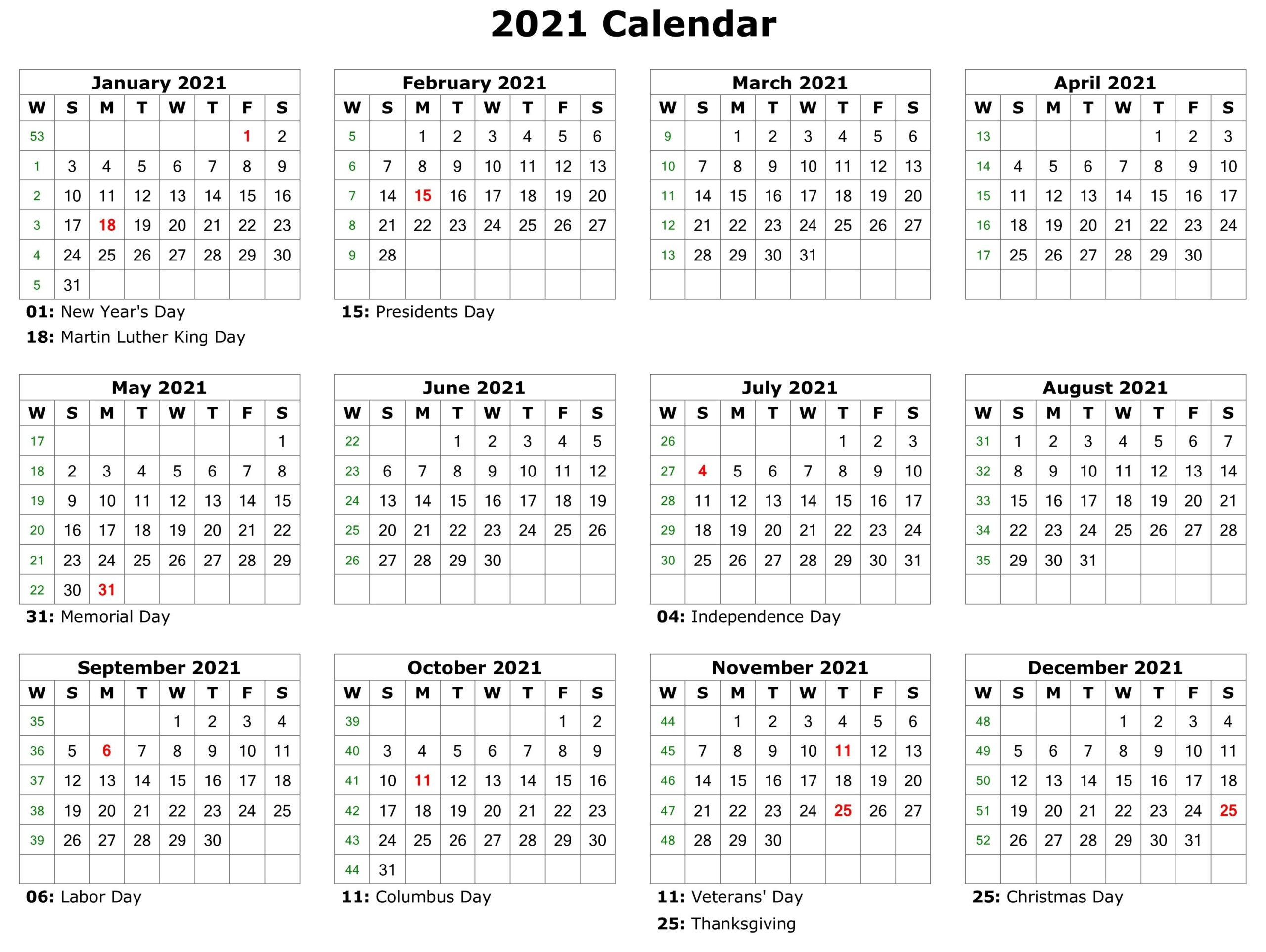 2021 Free 12 Month Printable Monthly Calendar