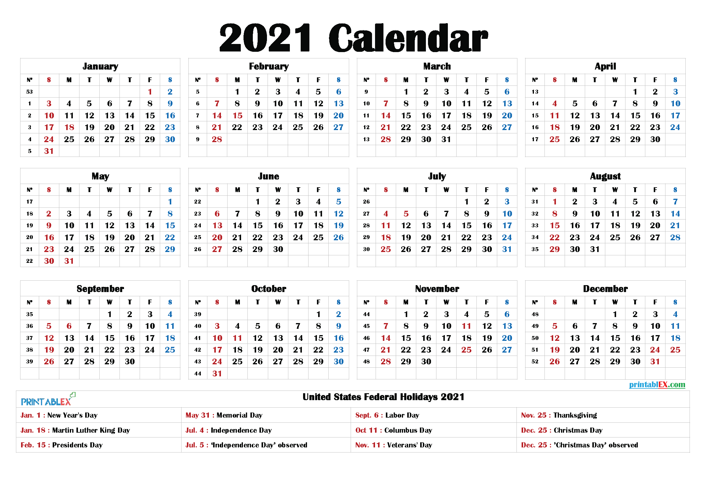 2021 Printable Calendar With Holidays