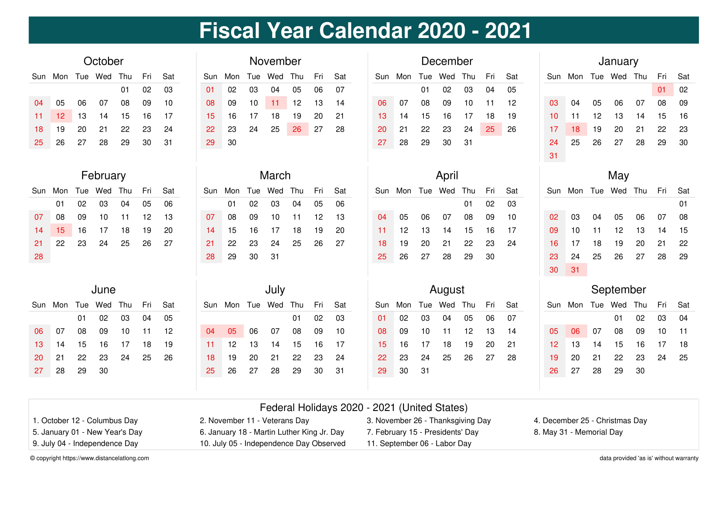 2021 United States Fiscal Calendar United States Fiscal