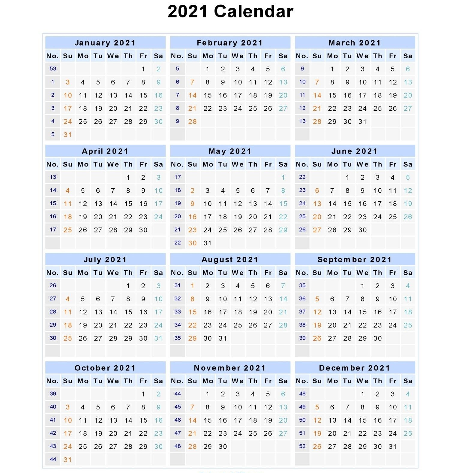 2021 Calendar By Week Number Printable