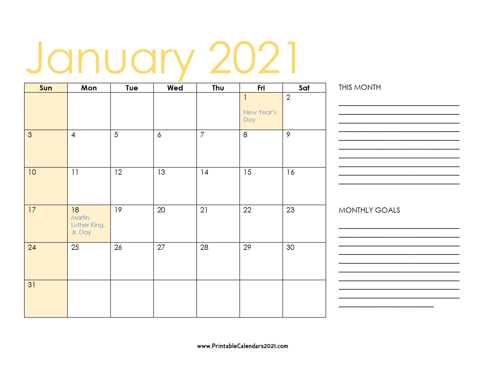 65+ January 2021 Calendar Printable January 2021 Calendar