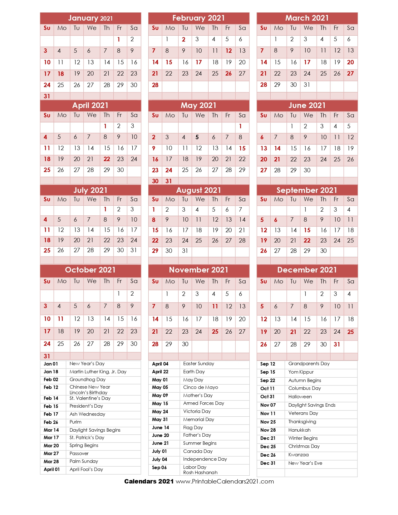 68+ Printable 2021 Yearly Calendar With Holidays Portrait