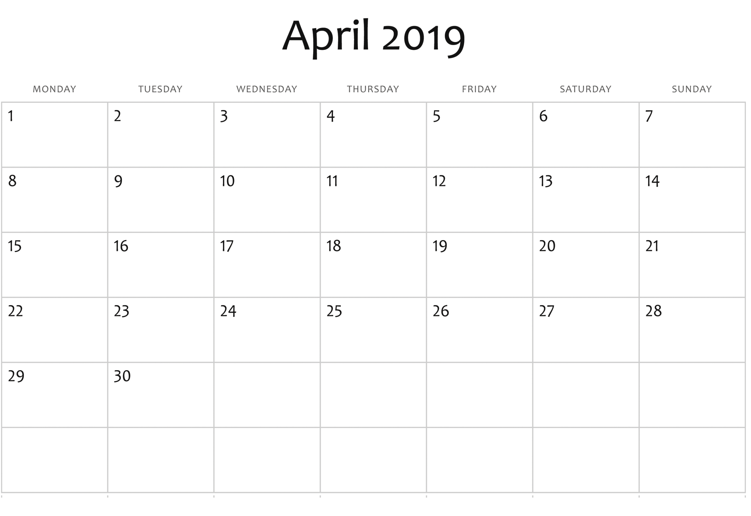 April 2019 Blank Calendar | Editable Calendar Calendar