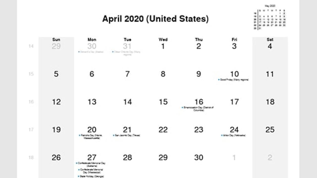 April 2020 Calendar With Us Holidays | Holiday Calendar