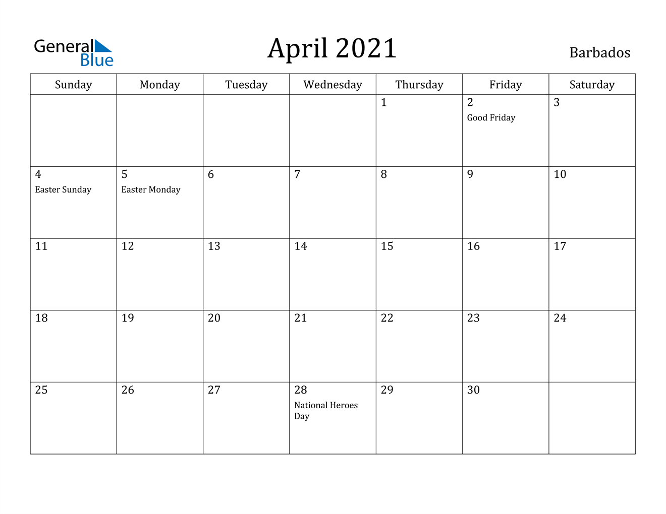 April 2021 Calendar - Barbados