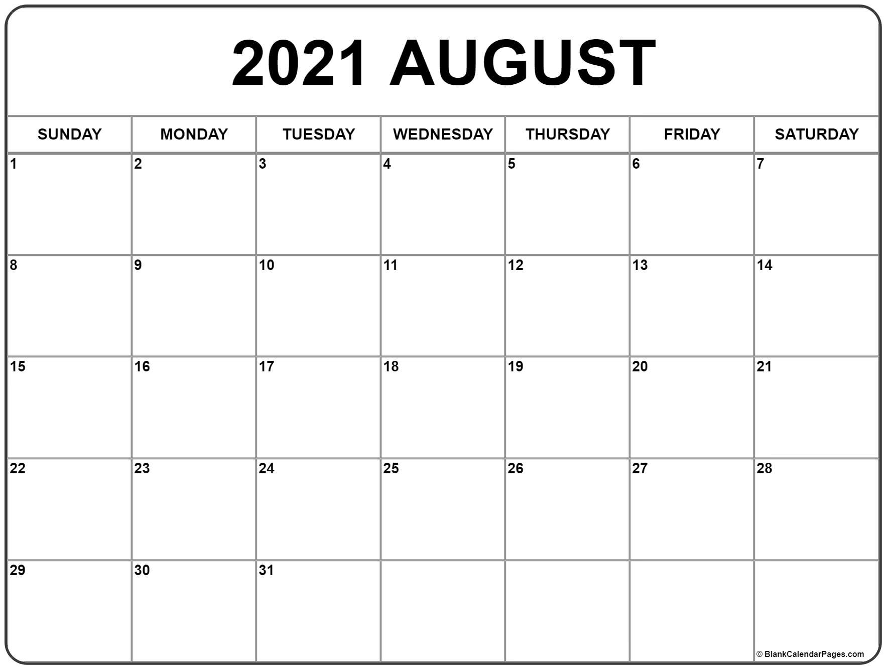 August 2021 Calendar | Free Printable Monthly Calendars