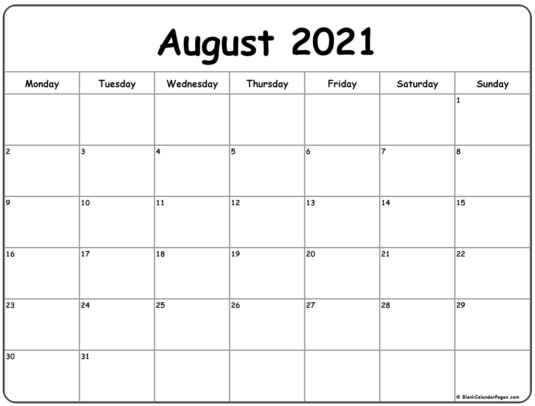 August 2021 Monday Calendar | Monday To Sunday