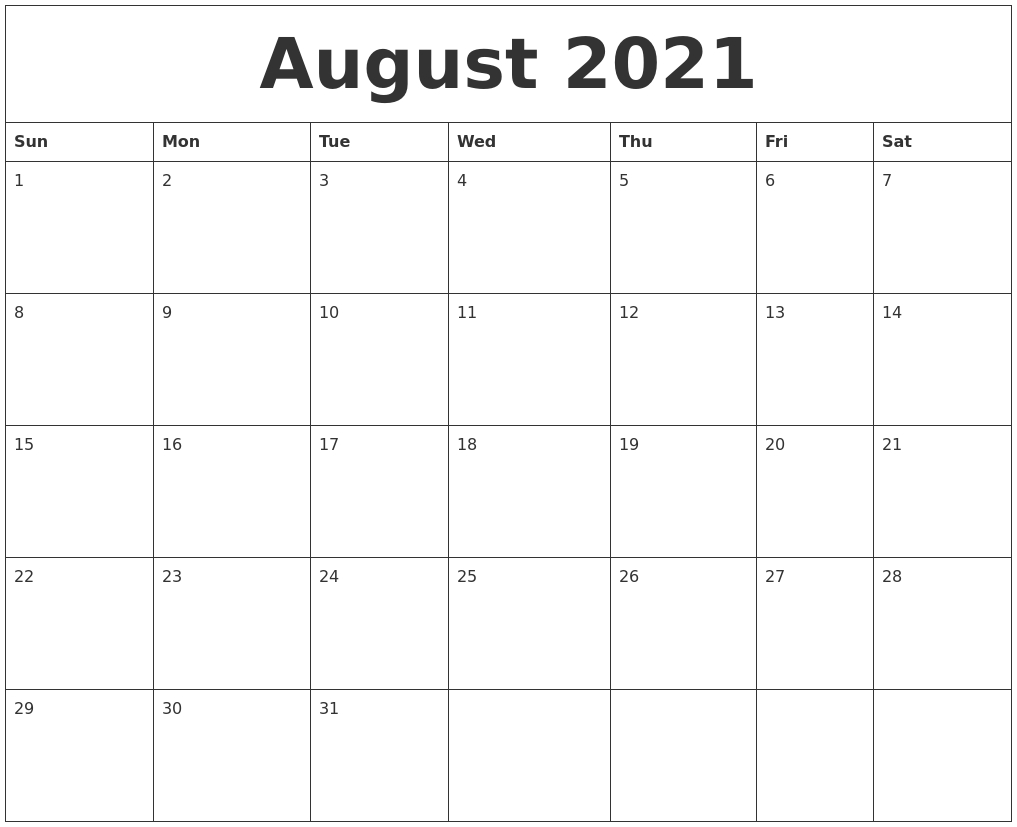 August 2021 Online Calendar Template