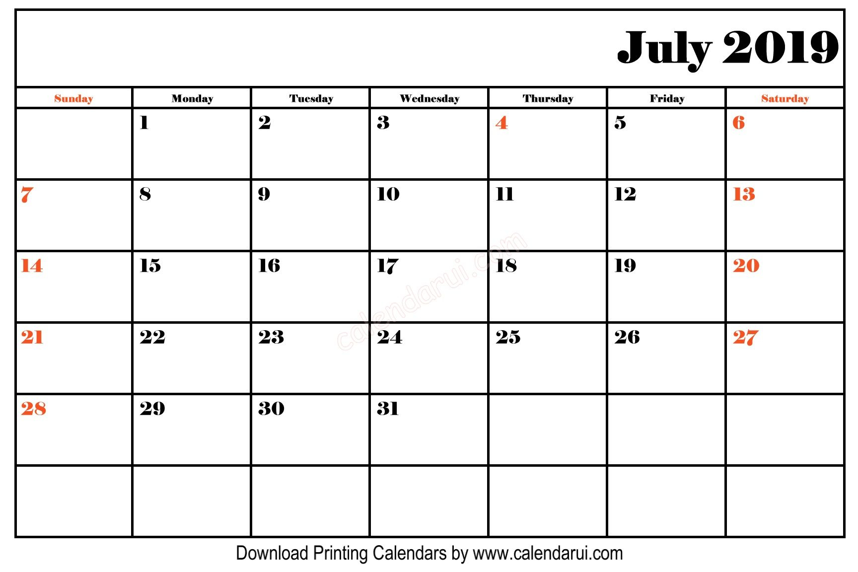 Best Free Blank July 2019 Calendar Templates Download 3