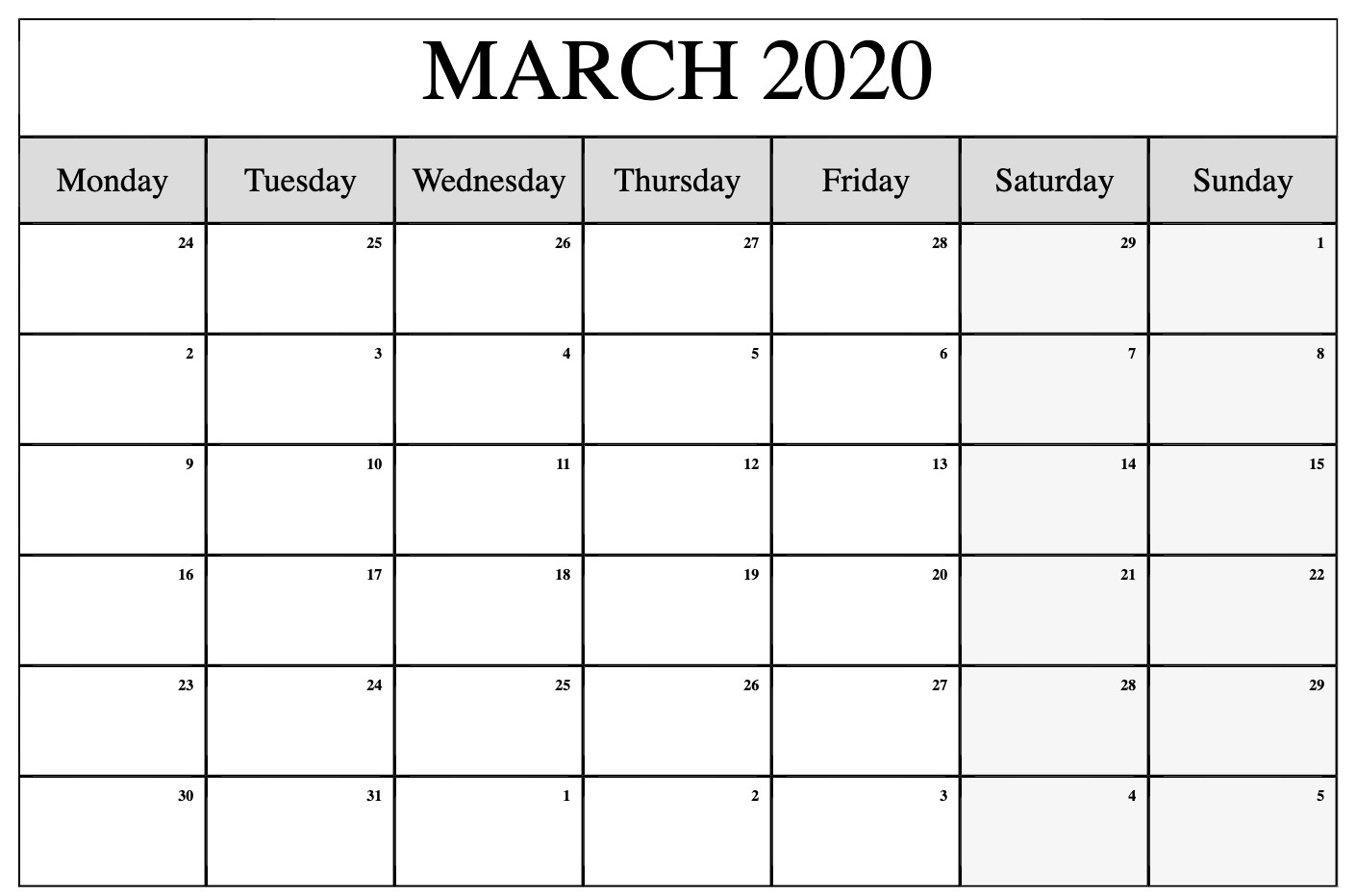 Blank March 2020 Calendar – Record Your Personal Activities