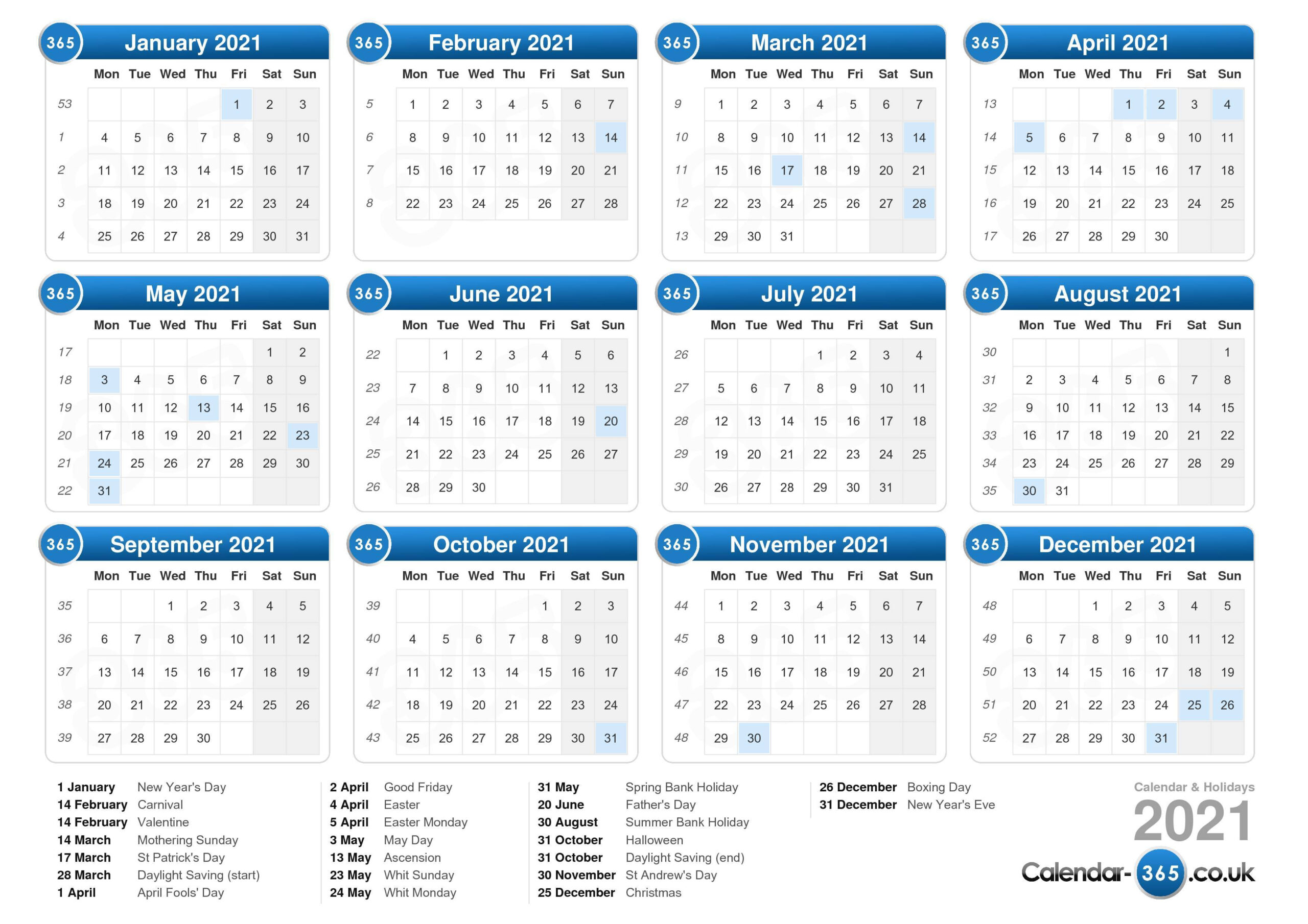 Uk 2021 Calendar With Week Numbers