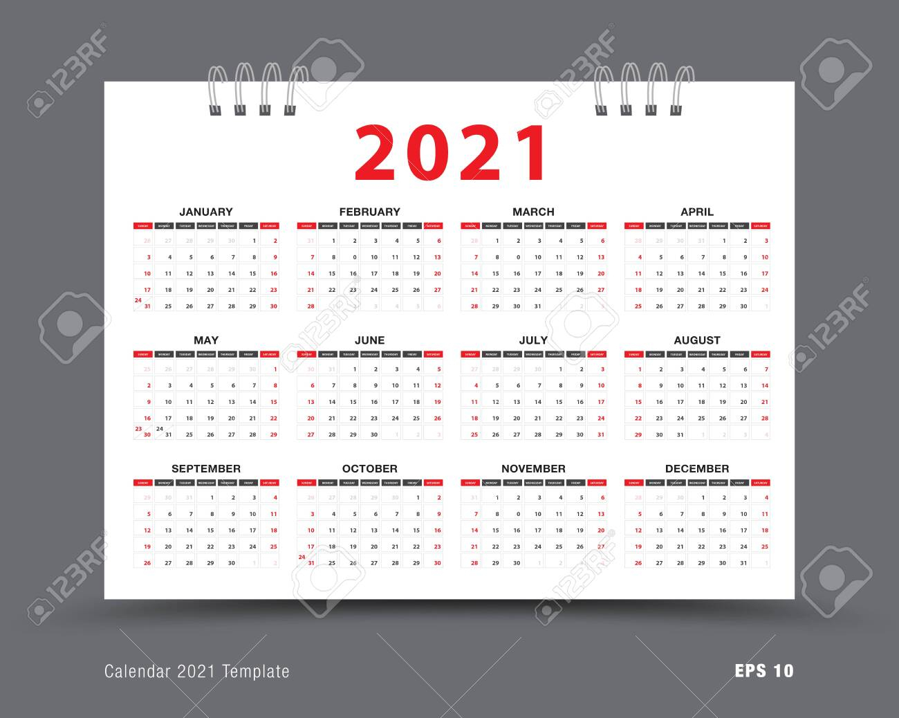 Calendar 2021 Template Layout 12 Months Yearly Calendar Set..