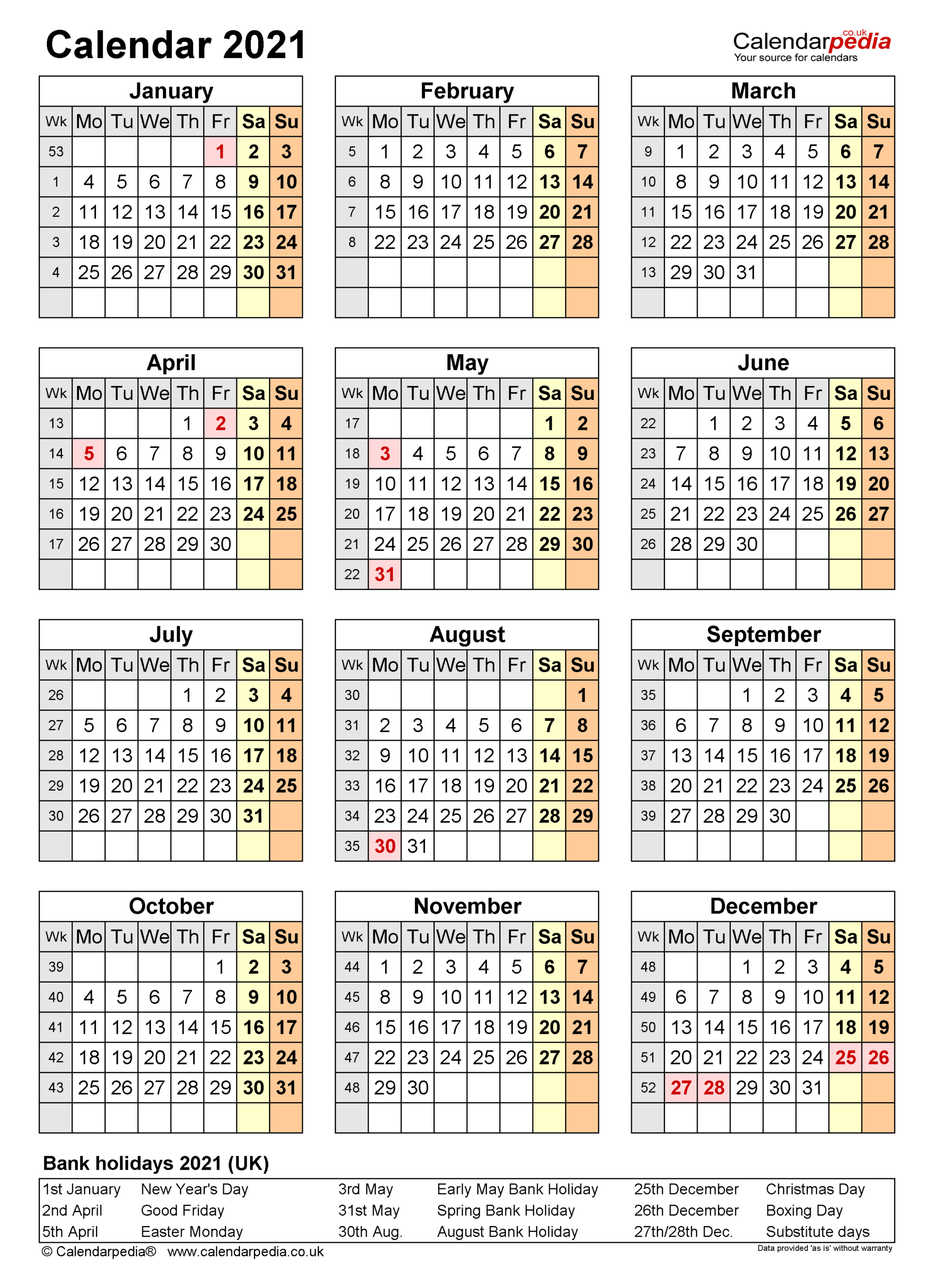 Calendar 2021 (Uk) - Free Printable Pdf Templates