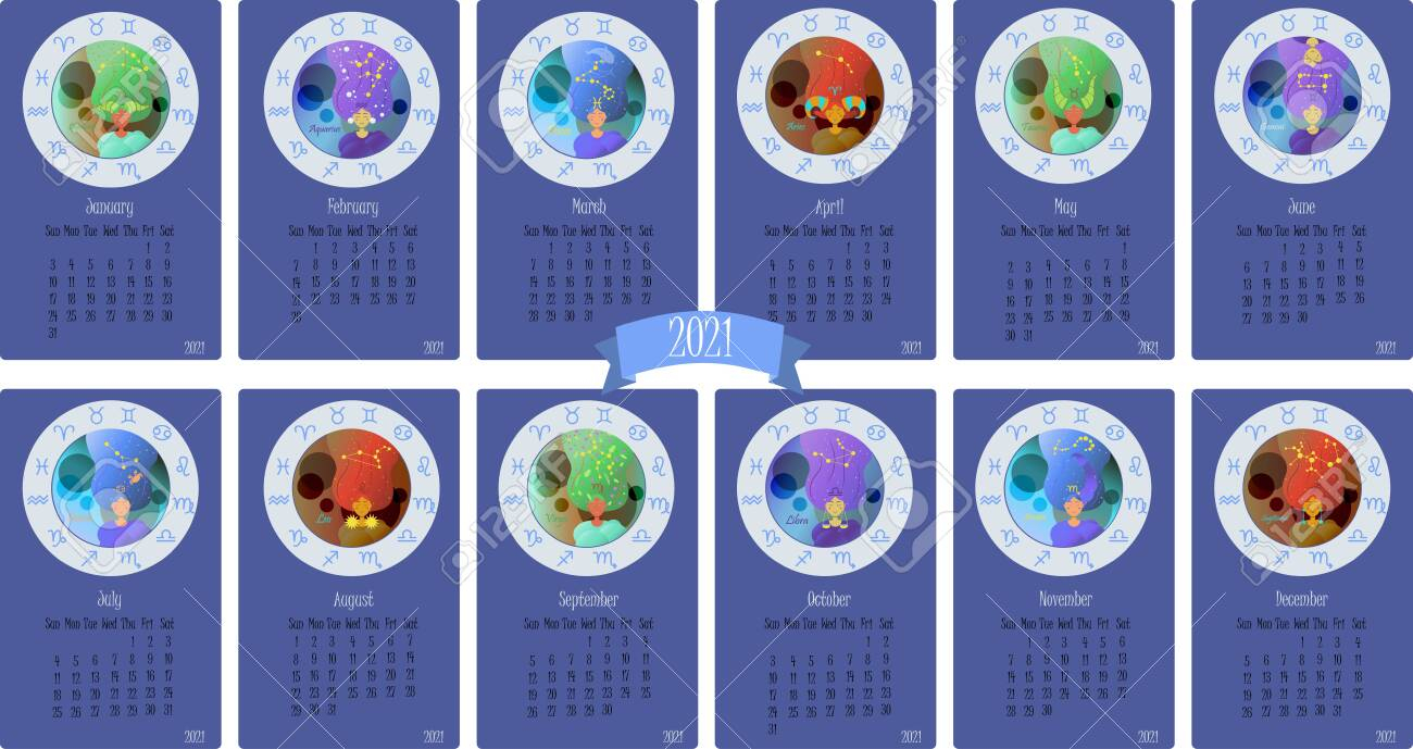 Calendar For 2021 With Cute Zodiac Signhoroscope. . Twelve..